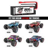 Hosim 2pcs 7.4V 2600mAh 25C T Connector Li-ion Battery Pack with 1 Battery Bag, 1Double battery connector & 1 Strap for X07 RC Cars
