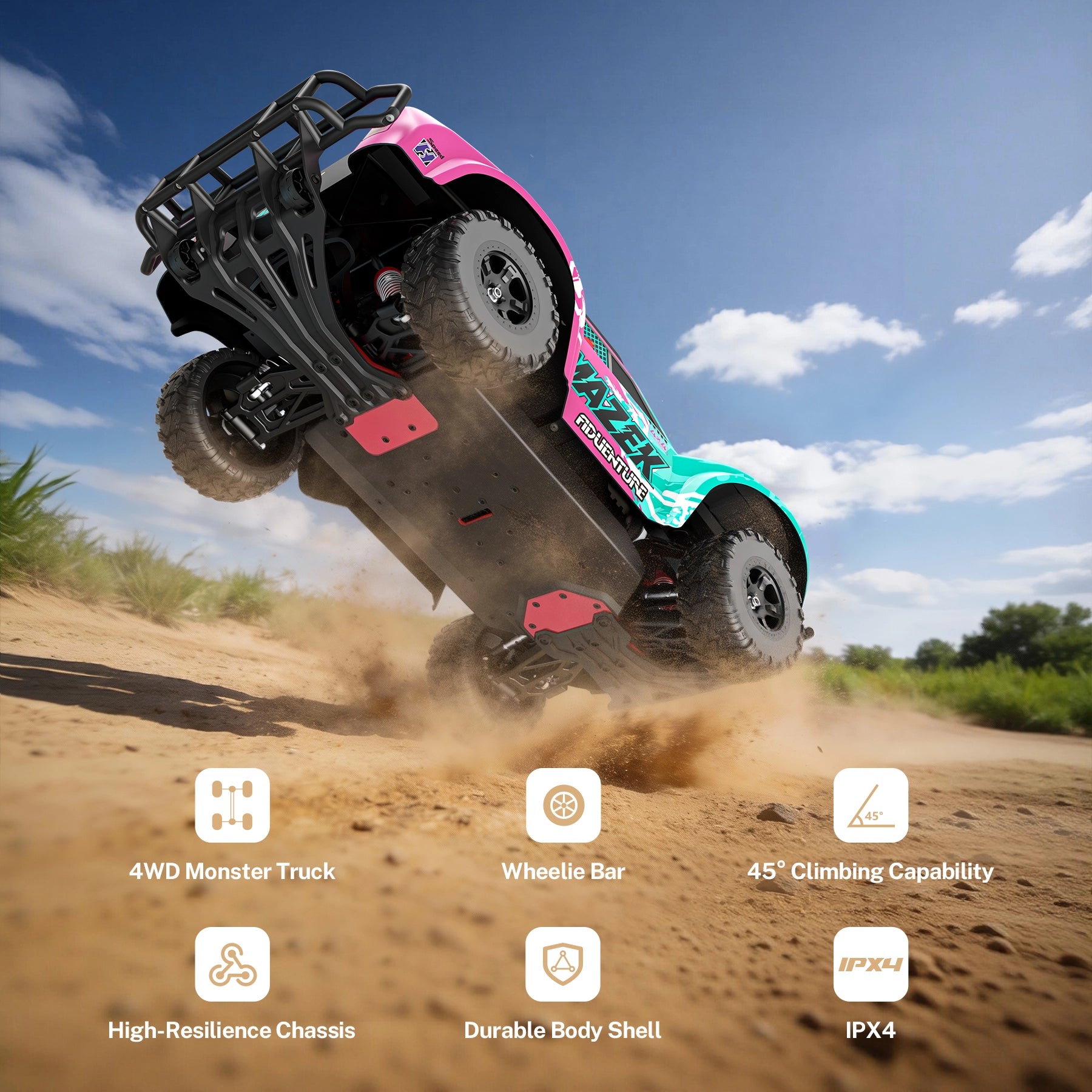 RC Car Mazek M23 1/10 Big Scale 4X4 RTR Professional Short Course Truck 3S/4S Full Metal Drivetrain(Pink)