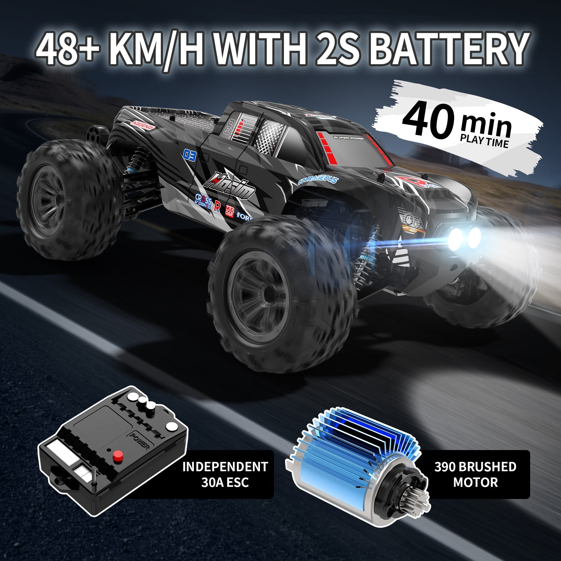 Hosim 1:10 RC Car, High Speed Remote Control Car Fast RC Monster Truck 48+ KMH 4X4 Off-Road RC Truck with Headlights  For Adults