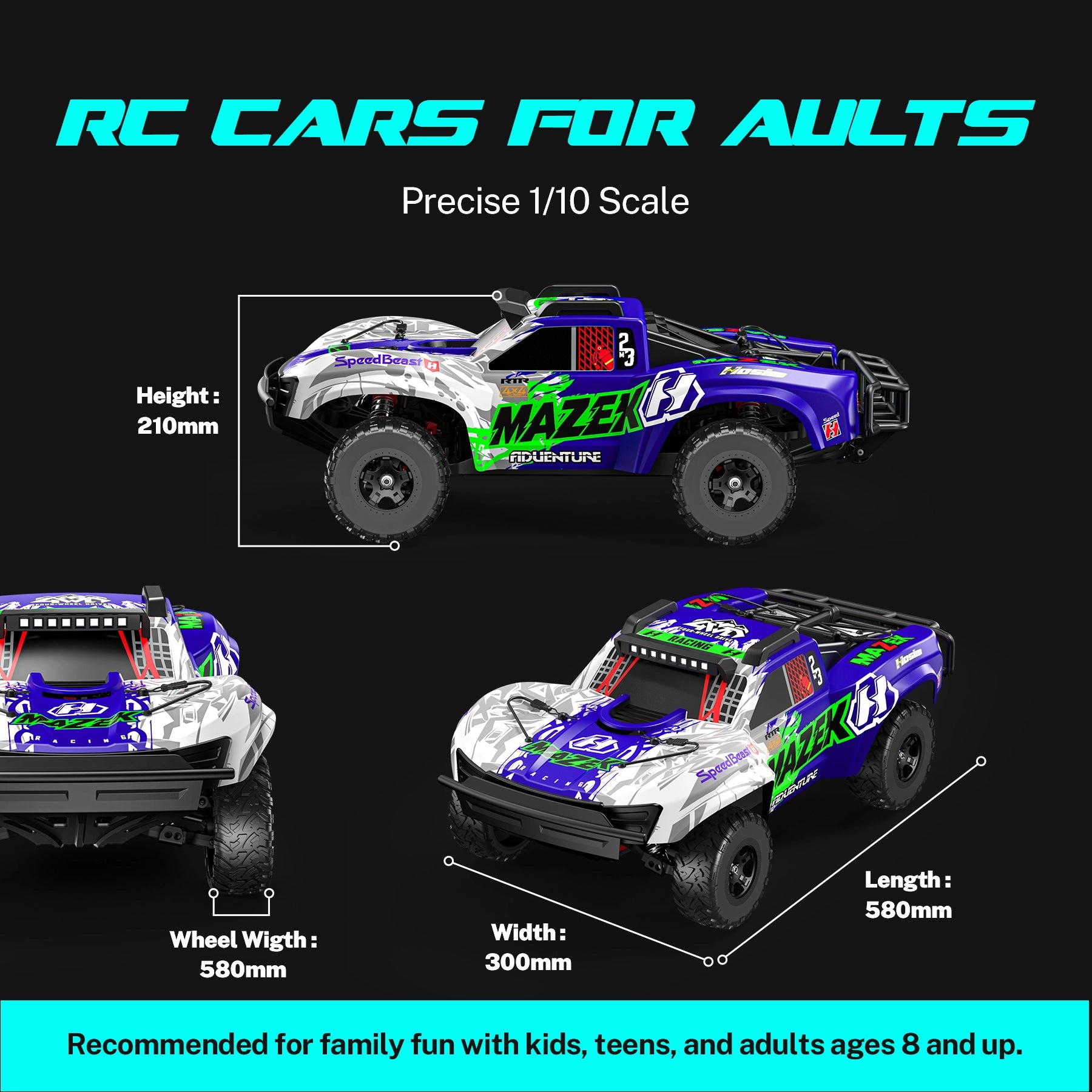 RC Car Mazek M23 1/10 Big Scale 4X4 RTR Professional Short Course Truck 3S/4S Full Metal Drivetrain(Blue)