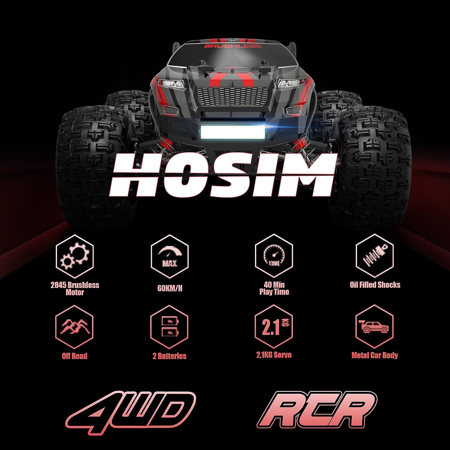  Hosim Coche RC todo terreno a escala 1:16, 36+KPH, 4WD,  impermeable, de alta velocidad, juguete eléctrico todoterreno a control  remoto con 2 baterías recargables para niños y adultos (azul) : Juguetes