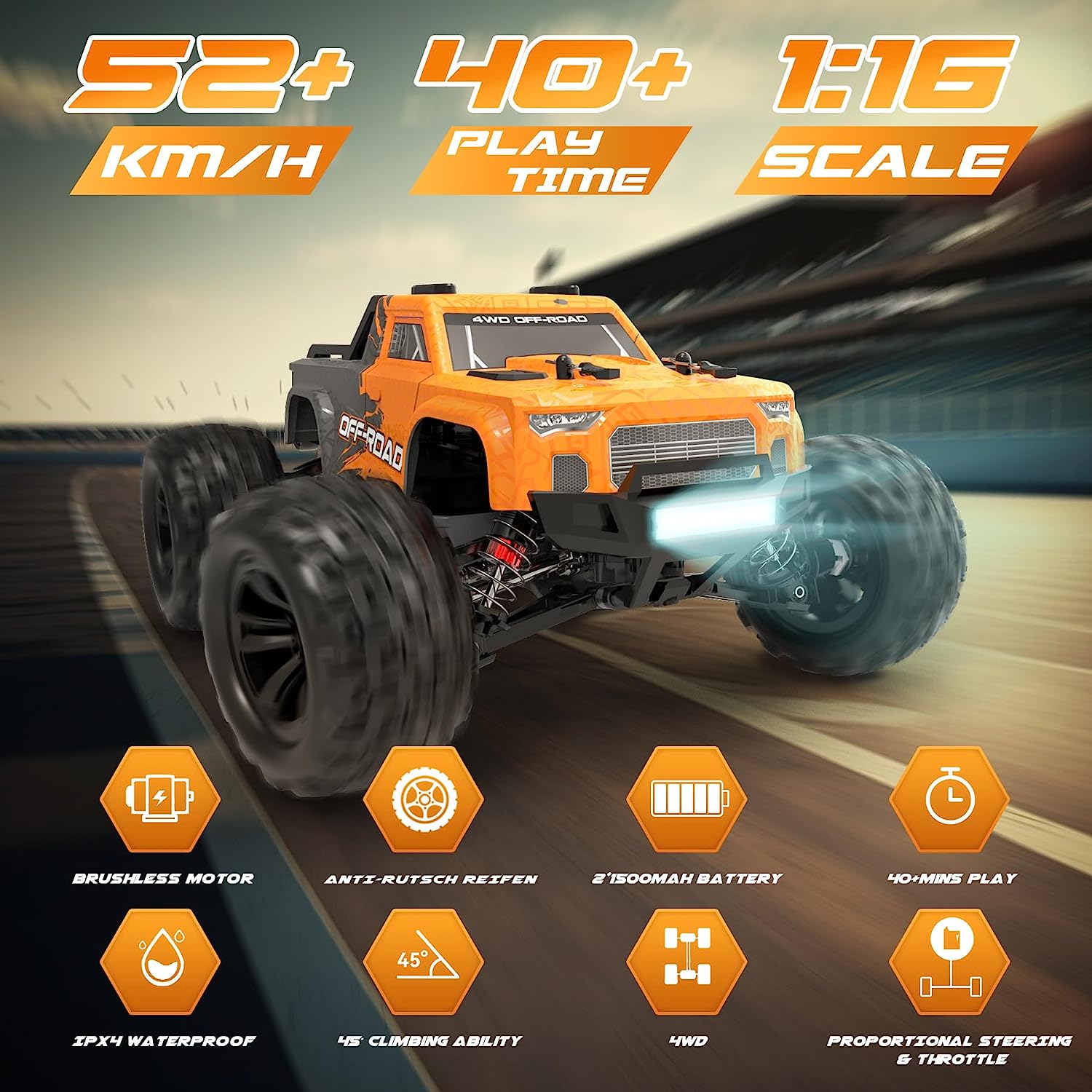 Hosim Brushless RC Car 1:16  Remote Control Truck for Adults High Speed 52+KMH 4WD Radio Cars Off-Road Waterproof Hobby Grade