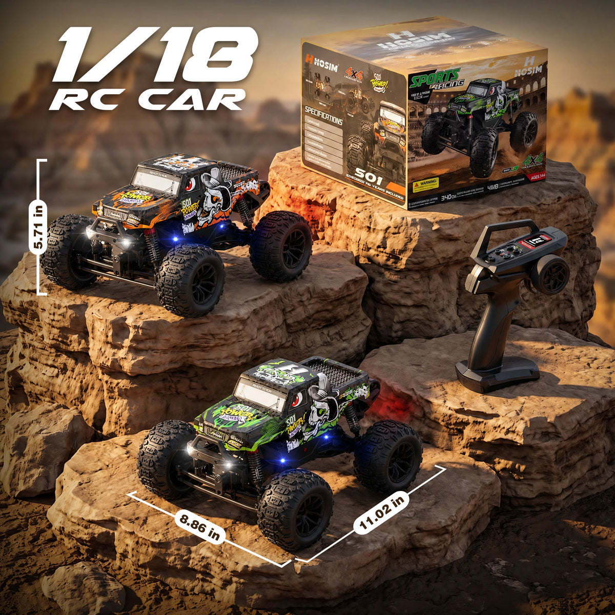 RC Car S01 1/18 38+ KM/H Doppelmotor Allradantrieb All-Terrain Wasserdichter RC Monstertruck für Jungen (Orange)