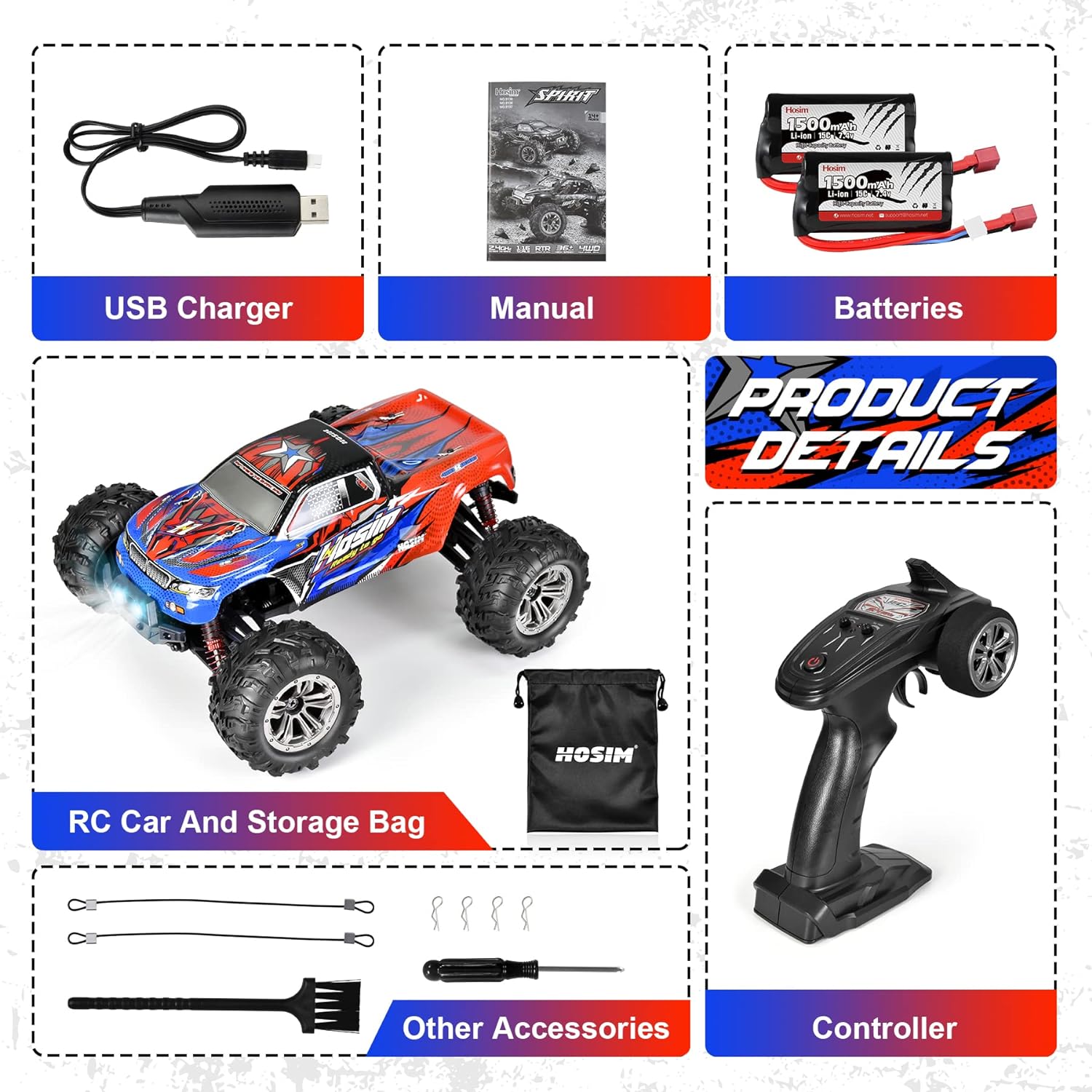 Hosim 1:16 RC Cars 36+KPH All Terrain 4WD Off Road RC Monster Truck Ve