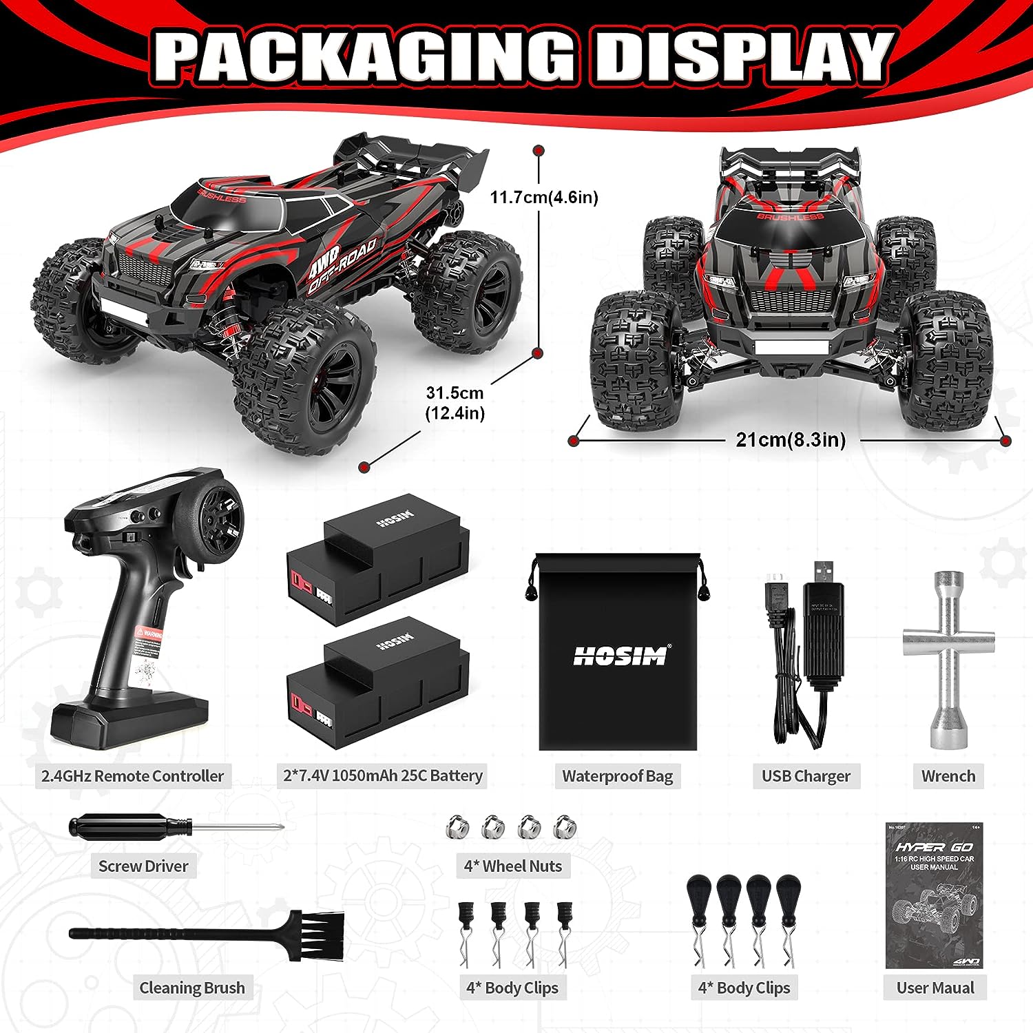Hosim 1:16 Brushless RC Car High Speed Remote Control Car RC Monster Truck All Terrain Off-Road Waterproof for Adult  Kids