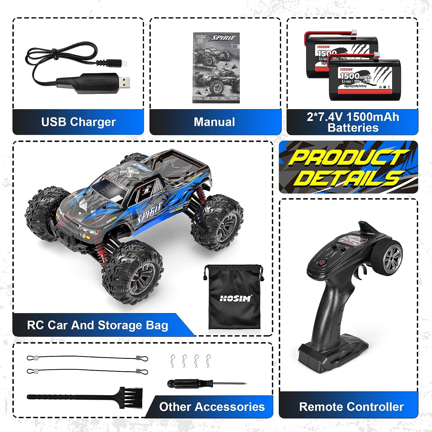 Hosim 1:16 RC Car 4WD  High Speed 2.4Ghz Off-Road Monster Truck For Adult Kids Gift Blue