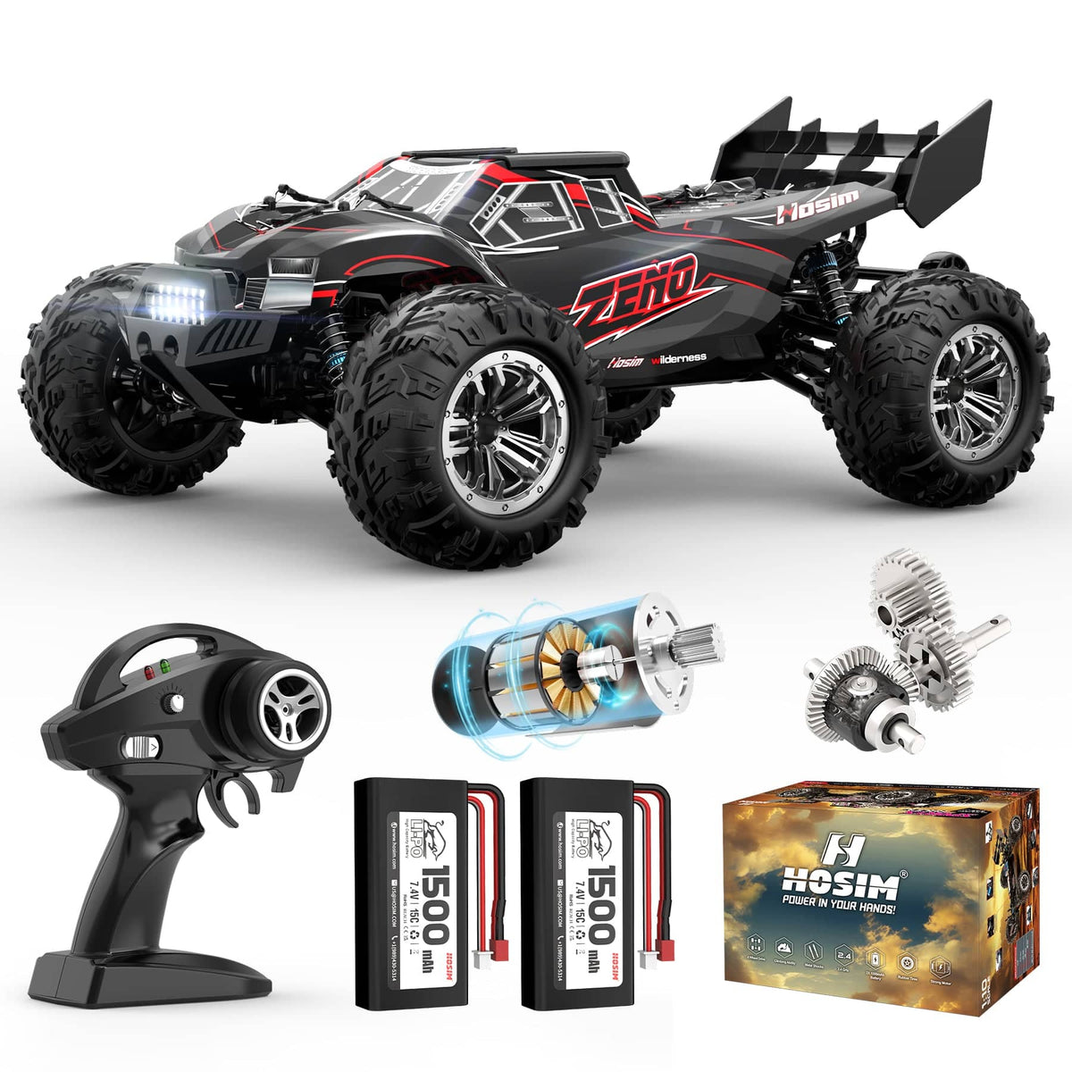 Hosim 1:10 RC Car High Speed Remote Control Car Large RC Truck 48+ KMH, 4X4 Off-Road All Terrains Waterproof, Hobby Grade Fast Racing Toy Gift Monster Trucks s for Adults and Kids Red