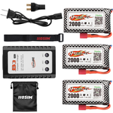 Hosim 3pcs 7.4V 2000mAh 25C T Connector Li-ion Battery with 1 Balance Charger,1 Battery Bag, 1 Double Battery Connector & 1 Strap for 9125 9126 HS9125 RC Cars