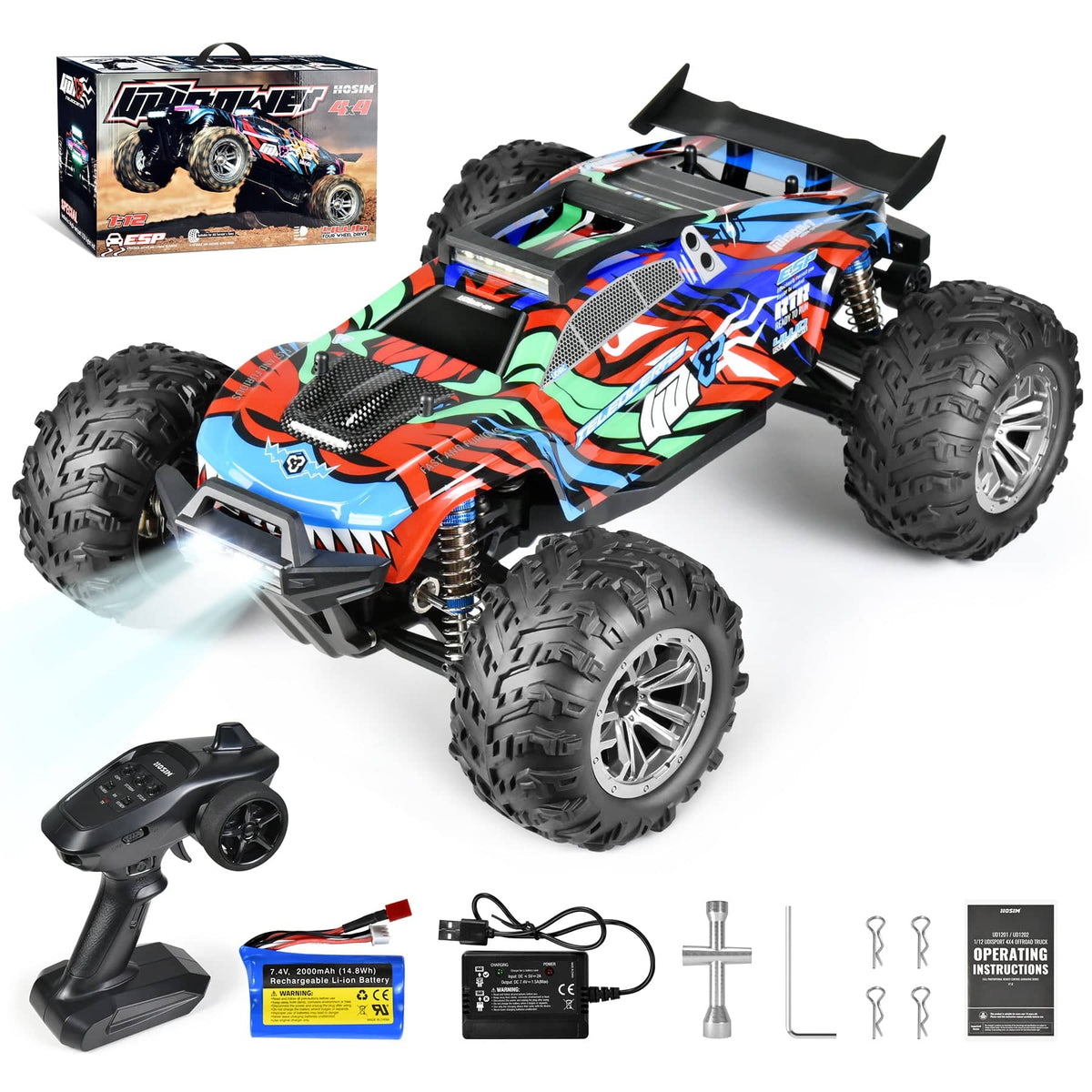 HOSIM 1:12 Large Scale Remote Control Car RC Car Monster Truck 1202 Blue 4X4 OFFROAD Truck 40KM/h High Speed