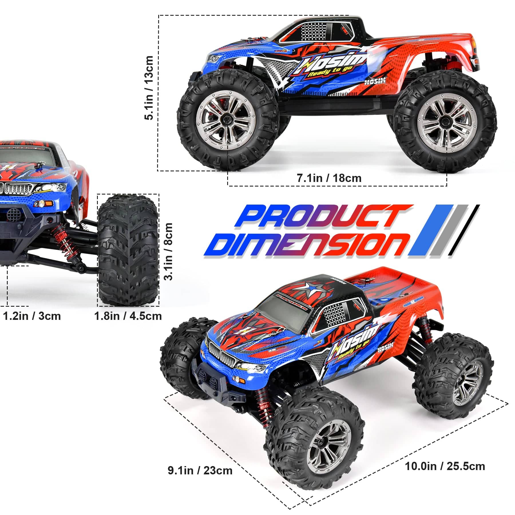 Hosim 1:16 RC Cars  RC Monster Truck 36+KPH All Terrain 4WD Off Road Vehiclefor Boys Kids and Adults Gift