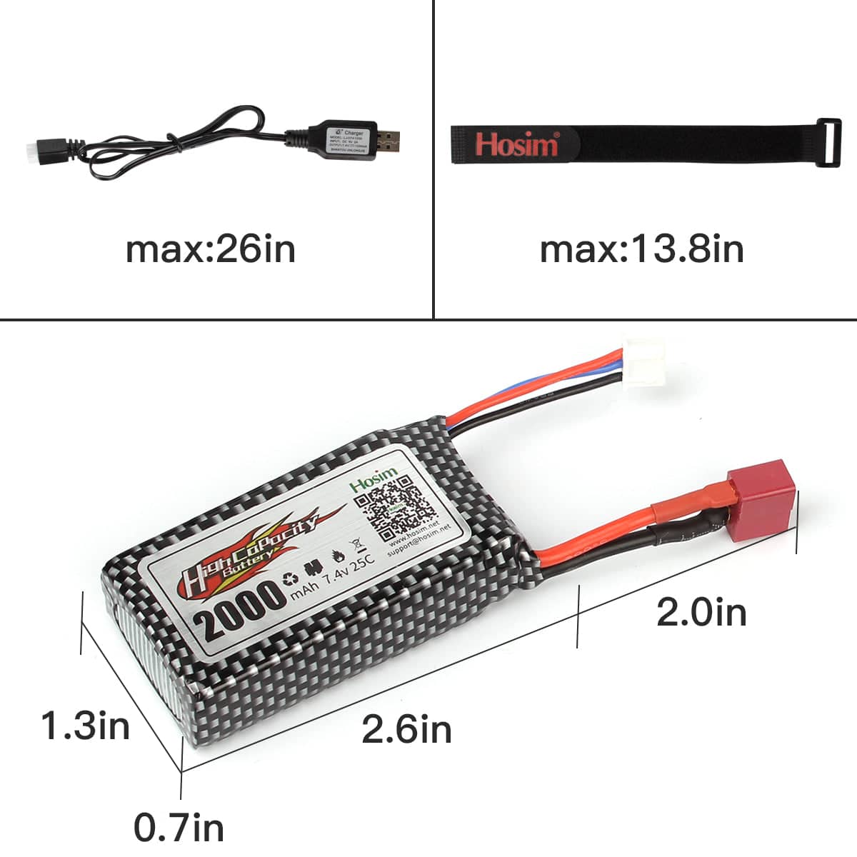 Hosim RC Cars Battery 7.4V 2000mAh Li-Po Battery for 1:10 Scale 9125 9126 HS9125 RC Truck
