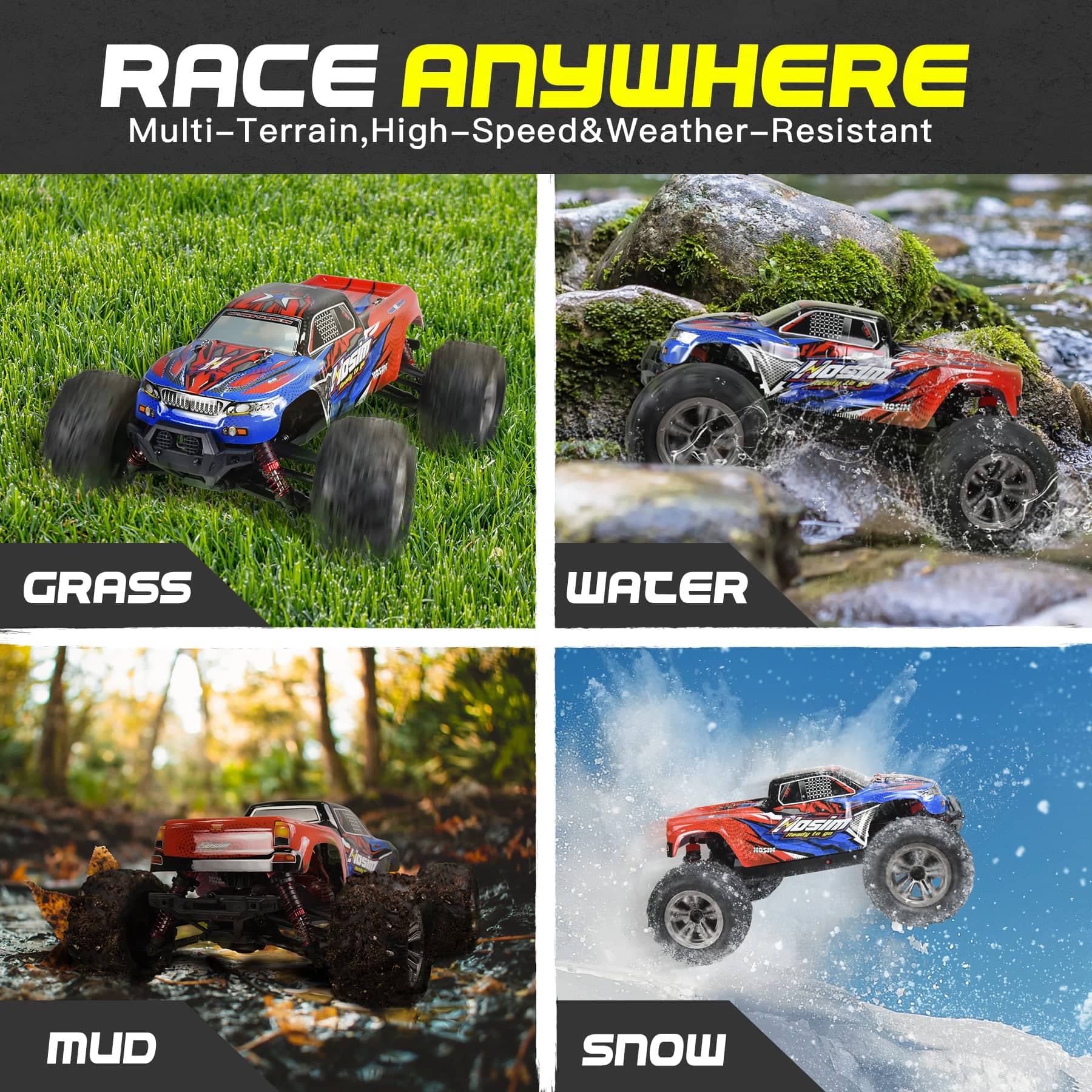 Hosim 1:16 RC Cars 36+KPH All Terrain 4WD Off Road RC Monster Truck Vehiclefor Boys Kids and Adults (New Car Shell Red)