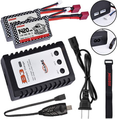 Hosim 2pcs 7.4V 1600mAh 25C T Connector RC Cars Li-Po Rechargeable Battery,1 Balance Charger, 1 Strap for 9125 9126 HS9125 RC Truck