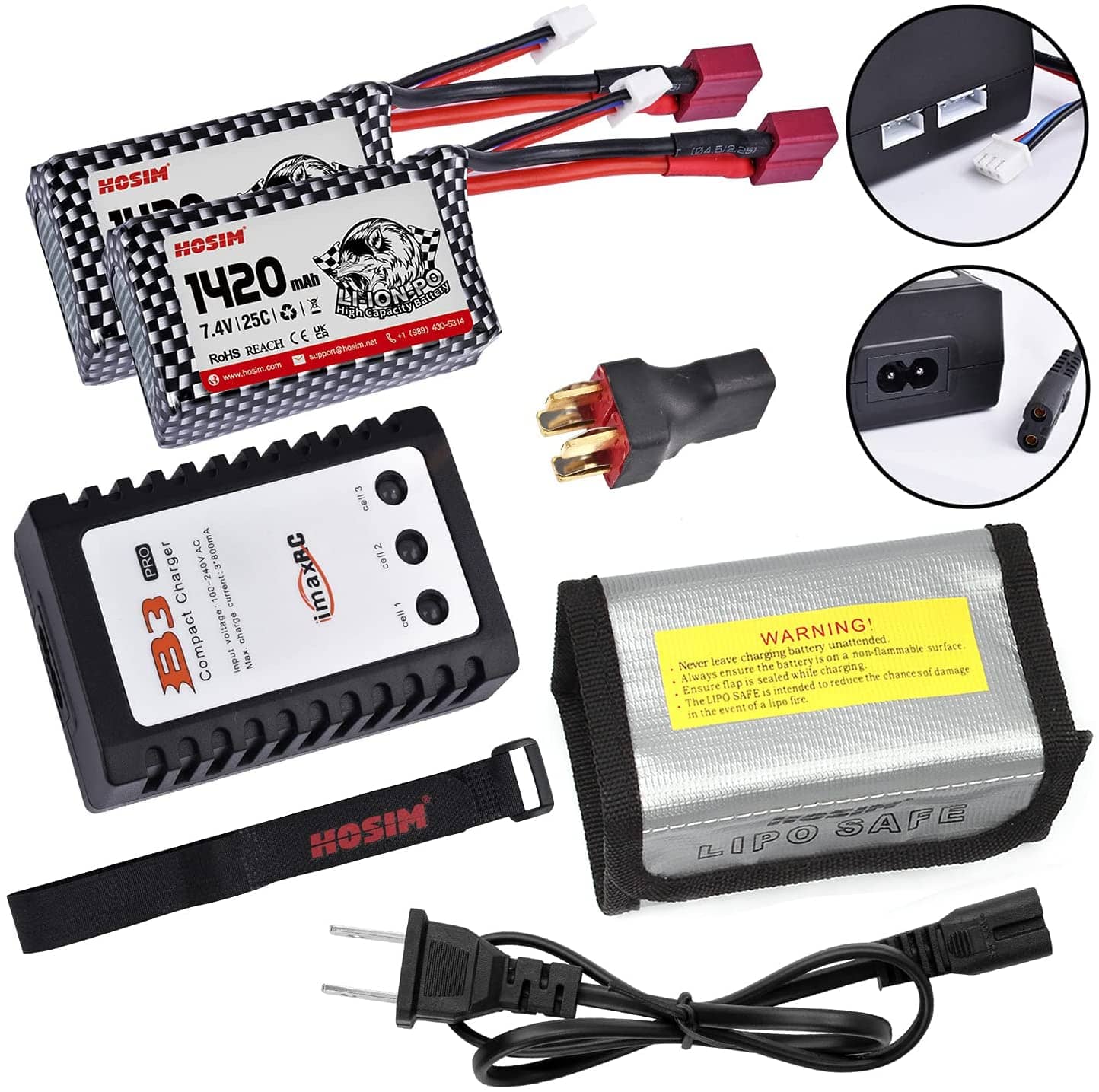 Hosim 2pcs 7.4V 1420mAh 25C T Connector Li-ion Battery Pack with 1 Balance Charger,1 Battery Bag, 1 Double Battery Connector & 1 Strap for Brushless Q901 Q903 Q905