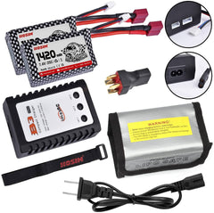 Hosim 2pcs 7.4V 1420mAh 25C T Connector Li-ion Battery Pack with 1 Balance Charger,1 Battery Bag, 1 Double Battery Connector & 1 Strap for Brushless Q901 Q903 Q905