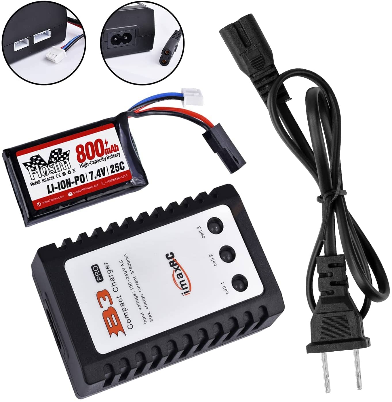Hosim 7.4V 800mAh RC Car Rechargeable Li-Po Battery & 1pcs Balance Charge,Spare Replacement Parts Assessory for 9130 9135 9136 9138 1/16 Scale All Terrain RC Truck Battery