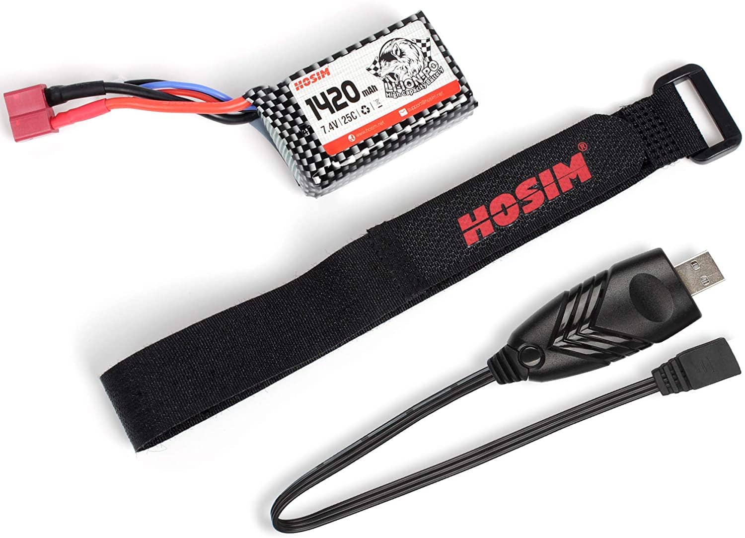 Hosim 7.4V 1420mAh 25C T Connector Li-ion Rechargeable Battery Pack with 1pcs Battery Strap,1pcs 2A-USB,Li-Po Battery for Hosim Brushless Q901 Q903 Q905 Truggy High Speed Truck Accessory Supplies