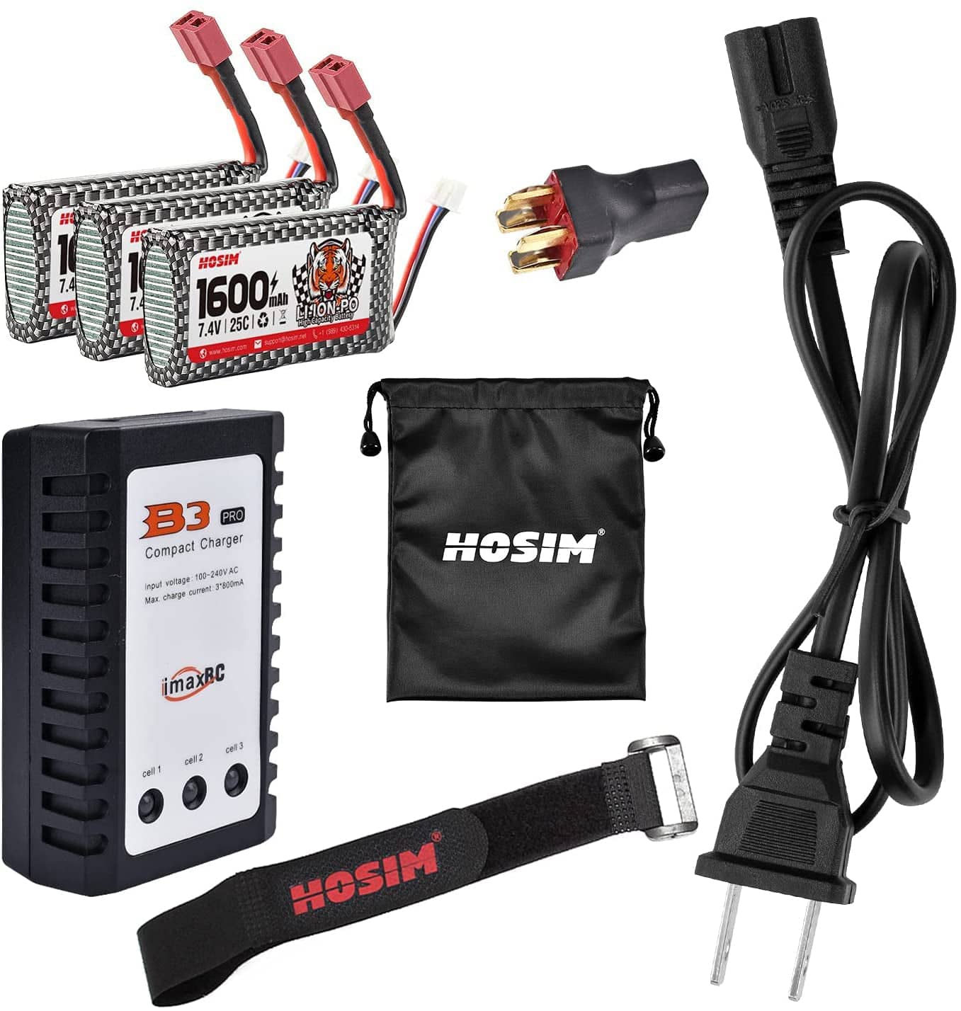 Hosim 3PCS 9125 1600mah lipo Battery 7.4v 25C RC Cars Battery with 1 Battery Bag, 1 Balance Charger, 1 Strap & 1 Double Connector for 9125 9126 HS9125 RC Truck
