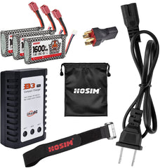 Hosim 3PCS 9125 1600mah lipo Battery 7.4v 25C RC Cars Battery with 1 Battery Bag, 1 Balance Charger, 1 Strap & 1 Double Connector for 9125 9126 HS9125 RC Truck