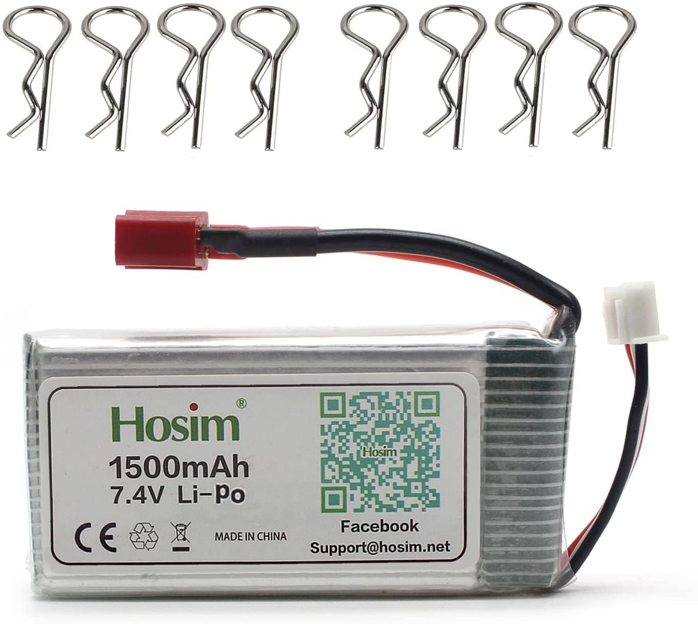 Hosim 7.4V 1500mAh 25C LiPo Battery Pack T Connector for RC Car + Shell Pin