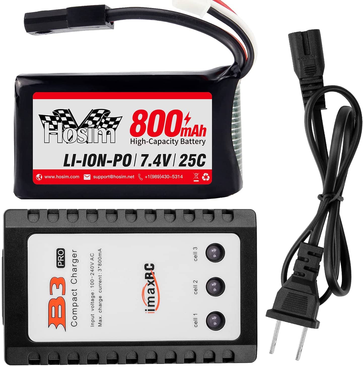 Hosim 7.4V 800mAh RC Car Rechargeable Li-Po Battery & 1pcs Balance Charge,Spare Replacement Parts Assessory for 9130 9135 9136 9138 1/16 Scale All Terrain RC Truck Battery