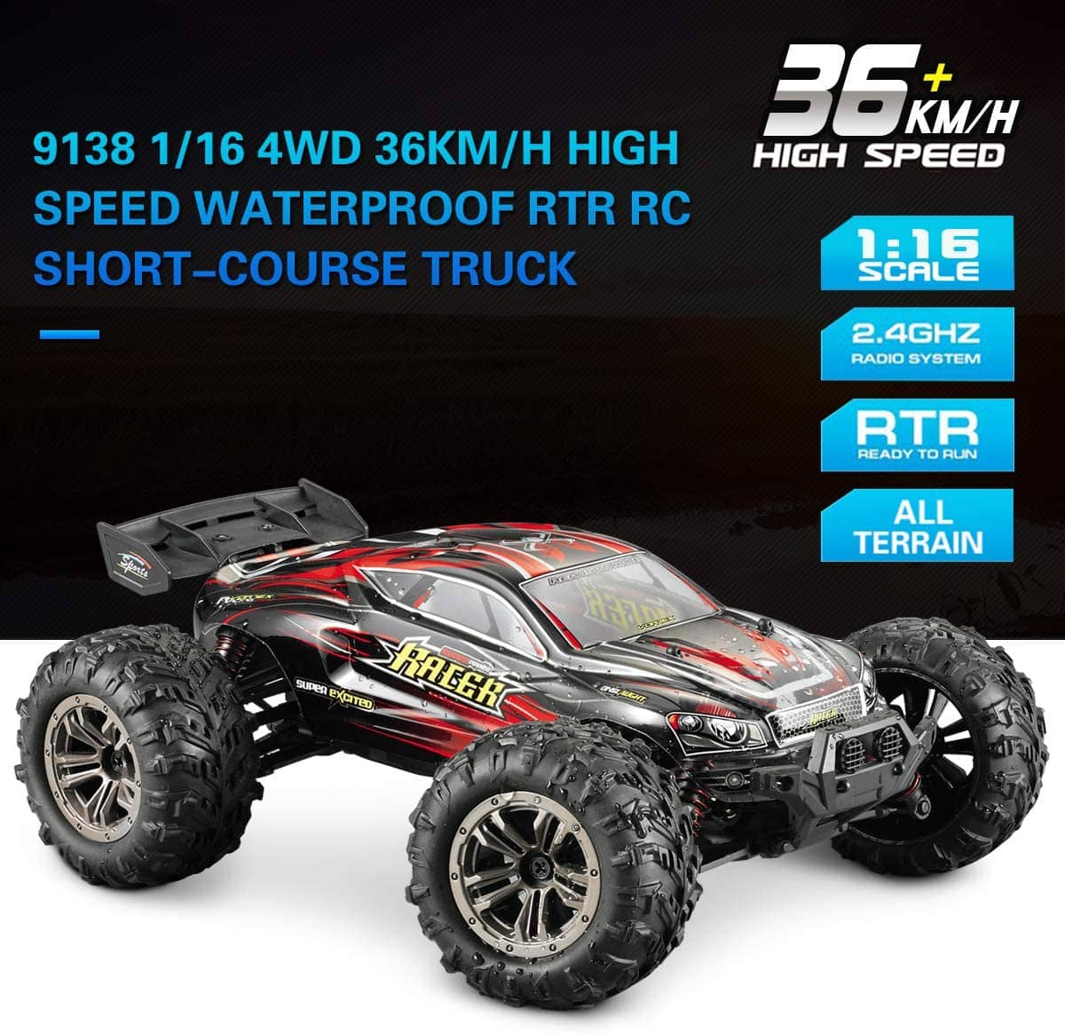 Hosim RC Cars 1:16 36+kmh 4WD High Speed Remote Control Truck Radio Off-Road Hobby Buggy for Adults and Children 3 Batteries 40+min Play