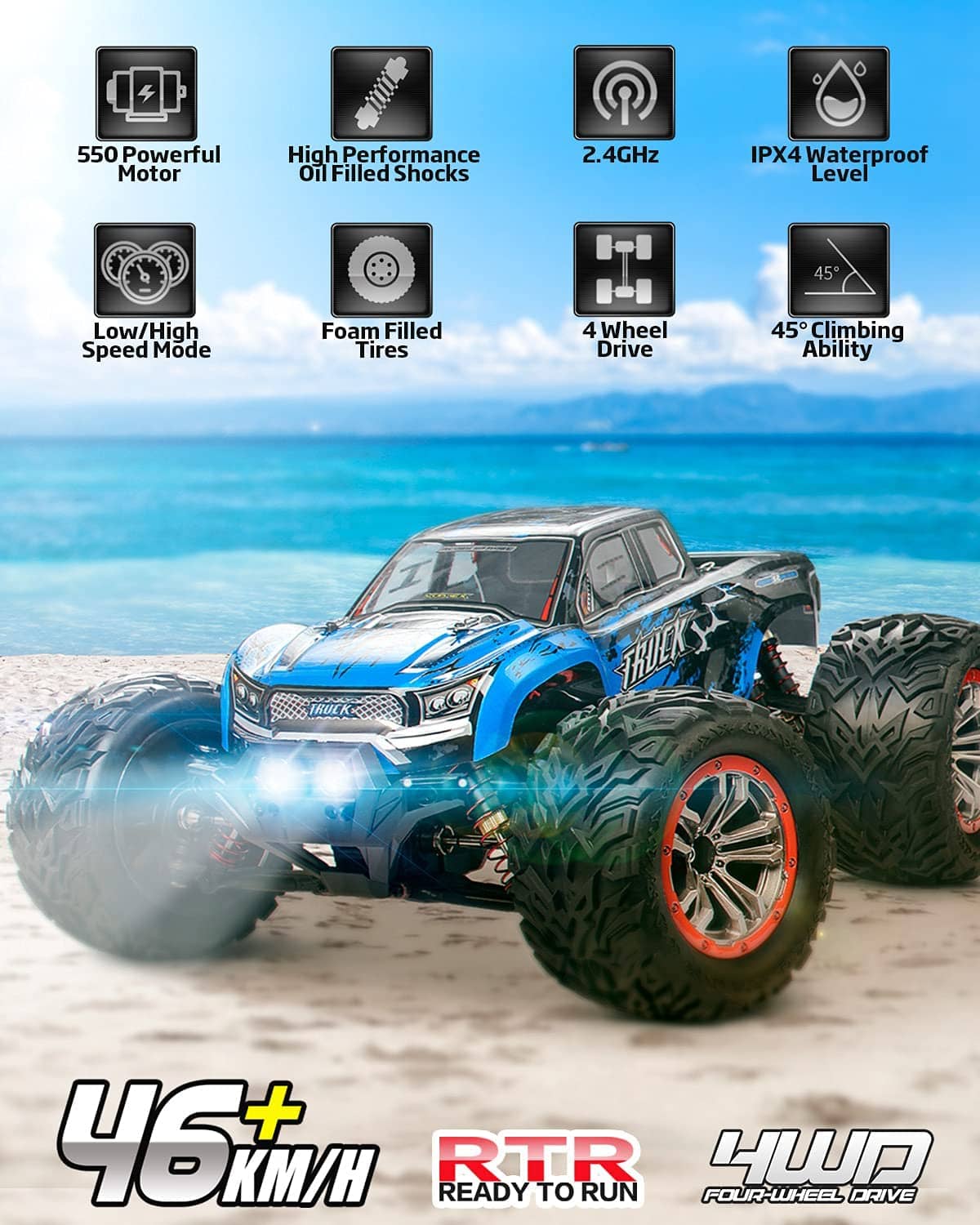 Hosim 1:12 Remote Control Car RC Car Monster Truck Oil Shock Dual Batteries Conector  9155 Blue