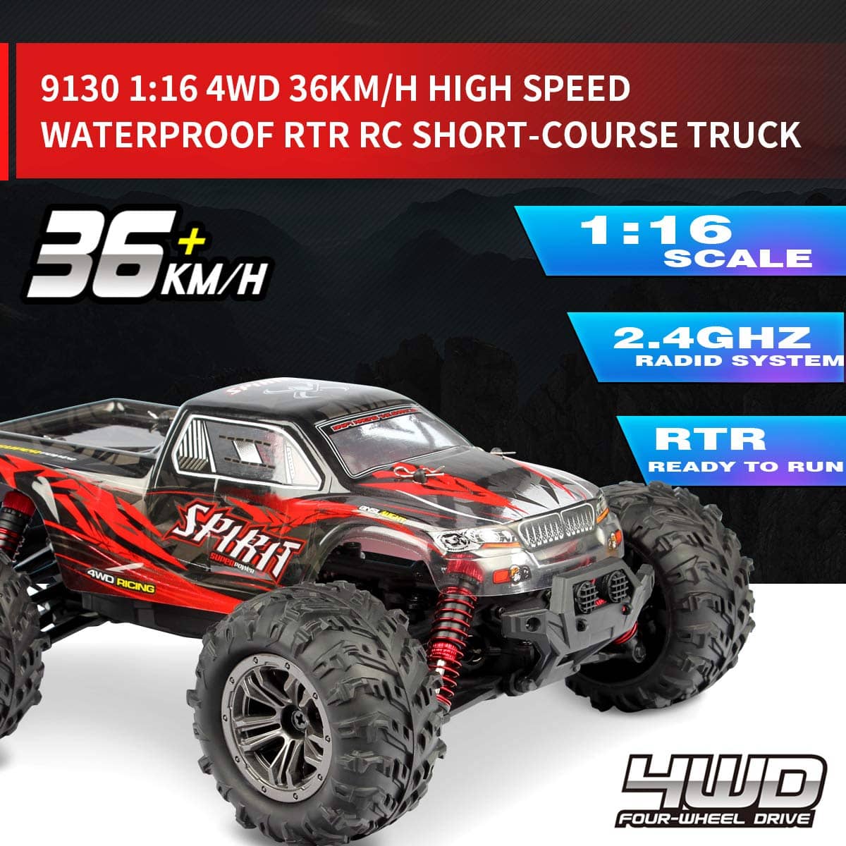 Hosim 1:16 Scale RC Car Monster Truck High Speed Off-Road 9135 Red