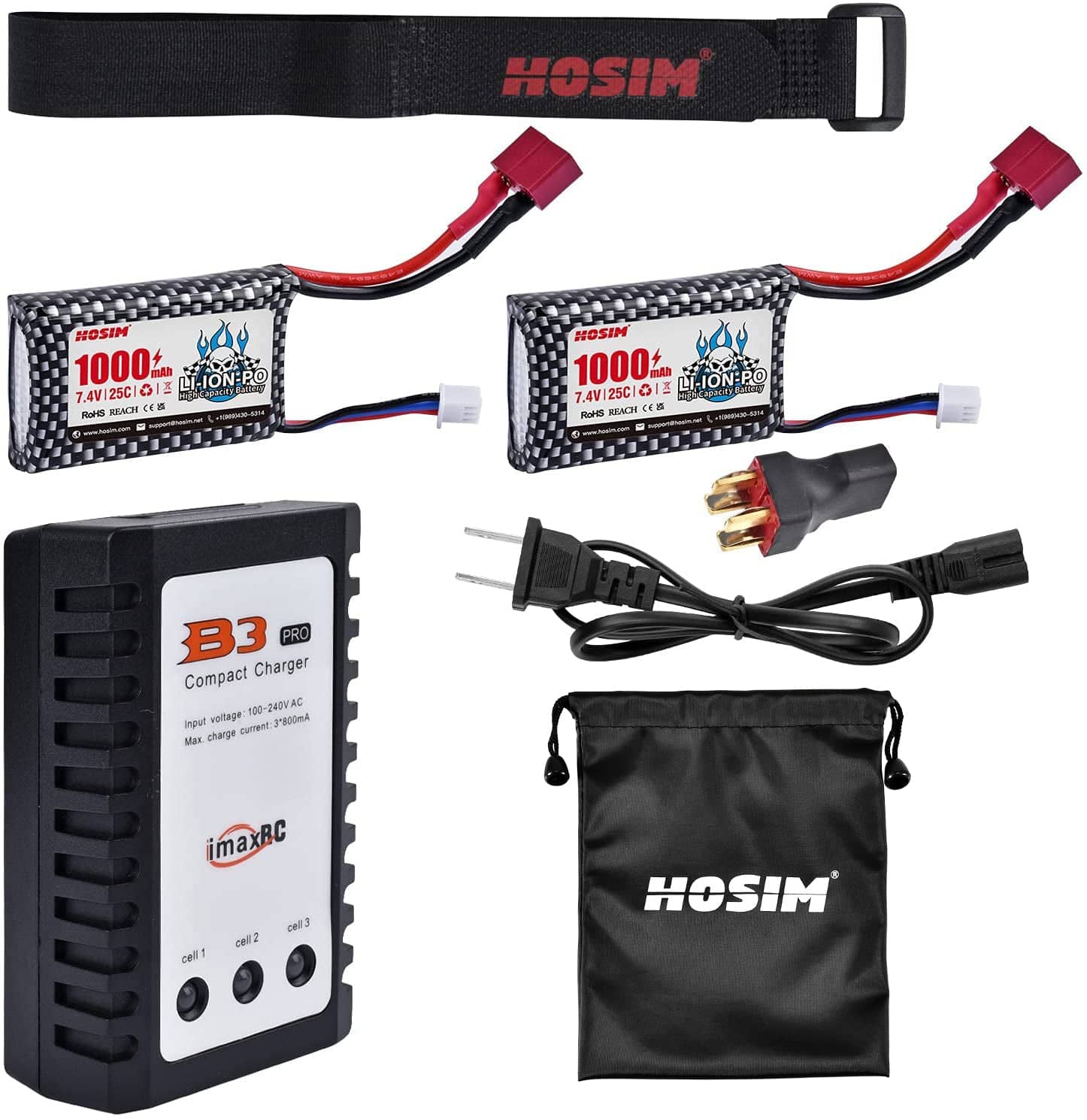 Hosim 2pcs 7.4V 1000mAh 25C T Connector Li-ion Battery Pack with 1 Balance Charger,1 Battery Bag, 1 Double battery connector & 1 Strap for 901 903 905 RC Cars
