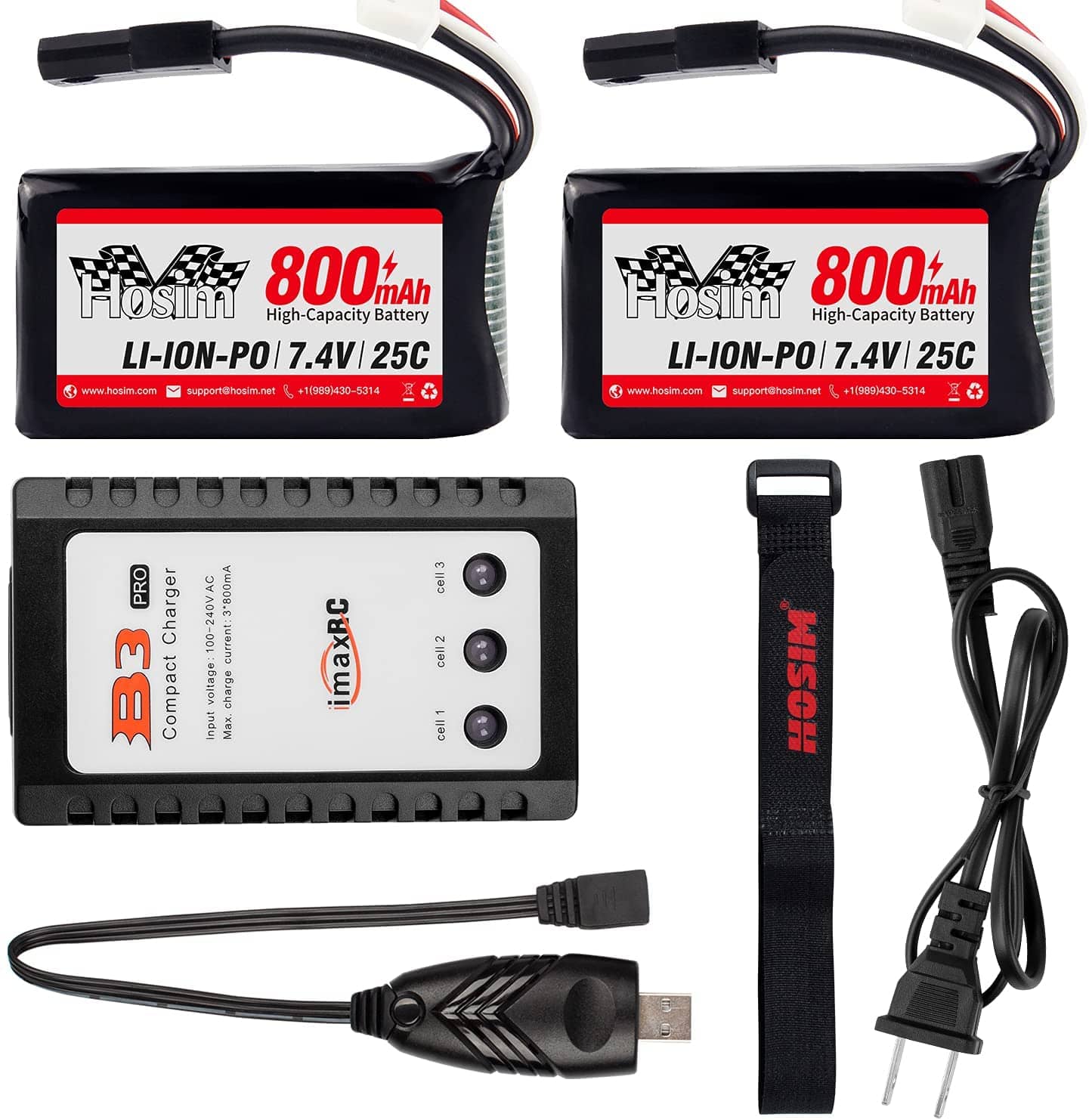 Hosim 2pcs 7.4V 800mAh RC Cars Rechargeable Li-Po Battery, 1 2AUSB, 1 Battery Bag, 1 Balance Charger, Spare Replacement Parts for 9130 9135 9136 9138 1/16 Scale All Terrain RC Trucks FPV