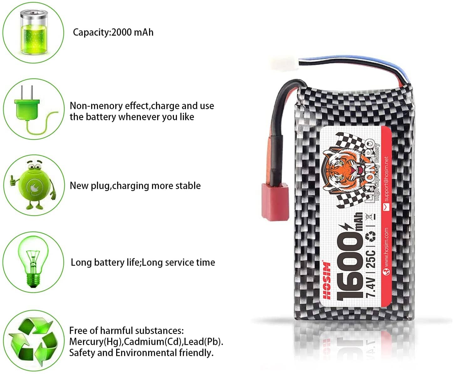 Hosim 3PCS 9125 1600mah lipo Battery 7.4v 25C RC Cars Battery with 1 Battery Bag, 1 Balance Charger, 1 Strap & 1 Double Connector for 9125 9126 HS9125 RC Truck