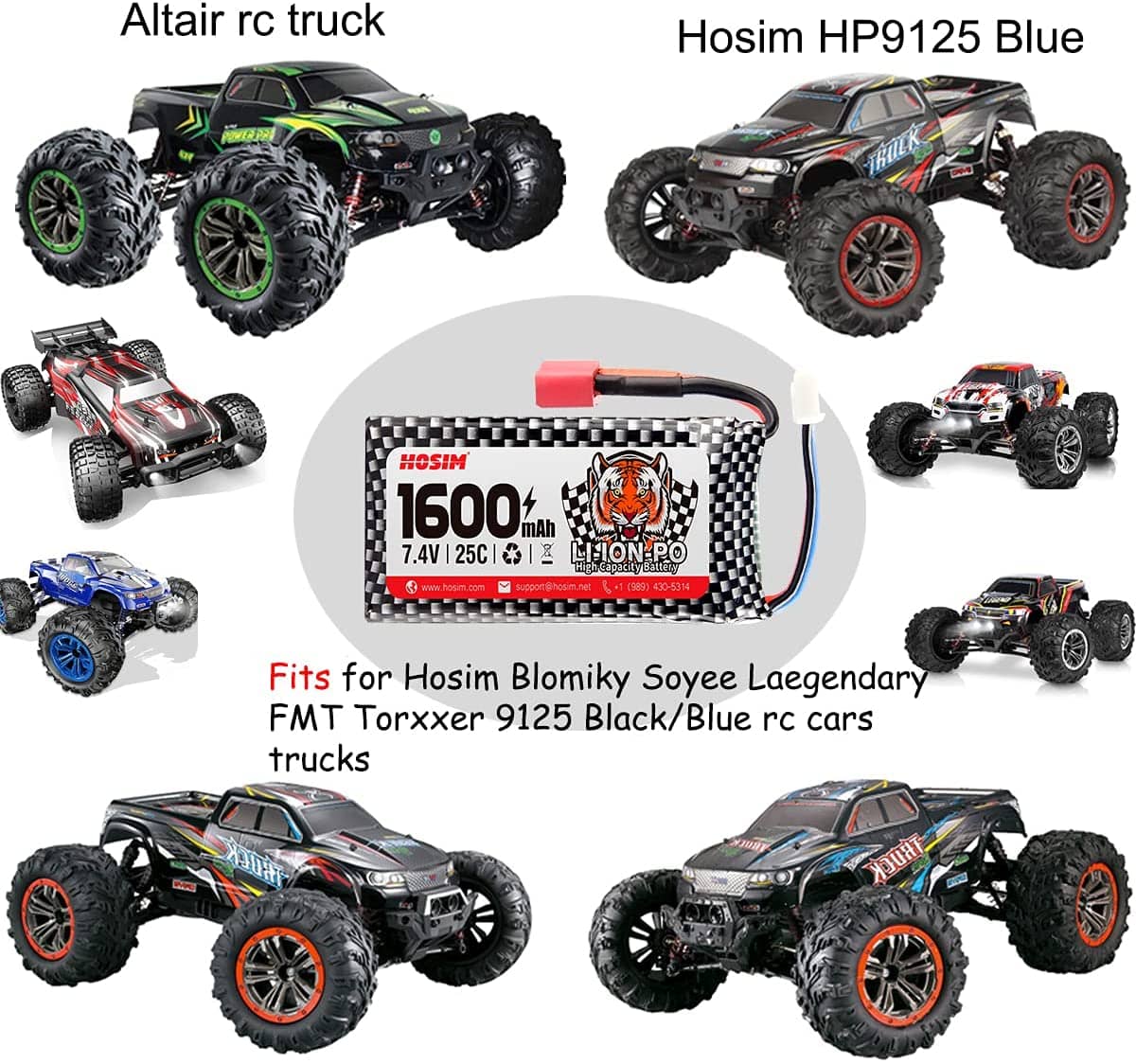 Hosim 3PCS 9125 1600mah lipo Battery 7.4v 25C RC Cars Battery with 1 Battery Bag, 1 Balance Charger, 1 Strap & 1 Double Connector for 9125 9126 HS9125 RC Truck