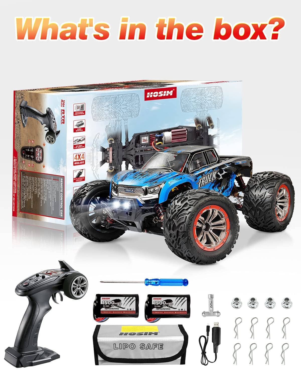 Hosim 1:12 Remote Control Car RC Car Monster Truck Oil Shock Dual Batteries Conector  9155 Blue