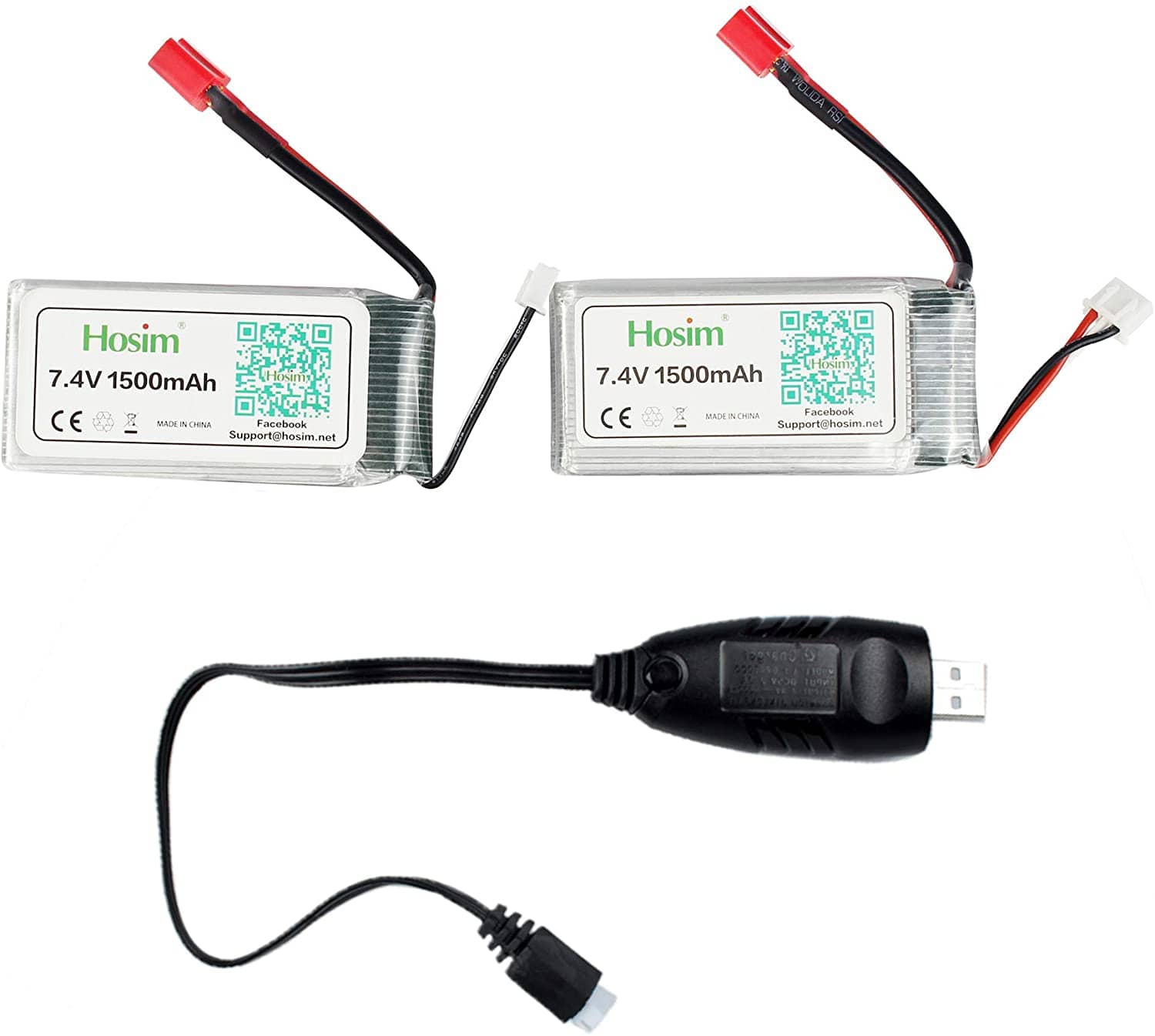 Hosim 2pcs 7.4V 1500mAh 15C T Connector Li-Polymer Rechargeable Battery Pack and 2pcs USB