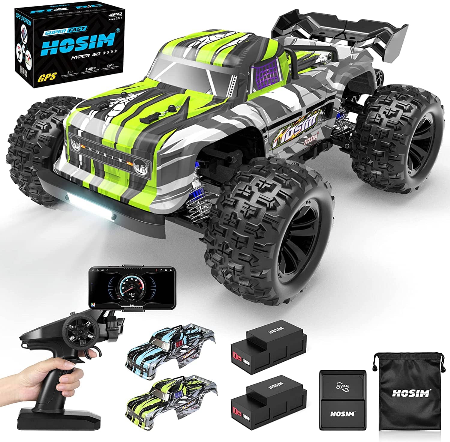 Hosim Bluetooth GPS RC Car 1:16 4WD All Terrain RTR Remote Control Truck with App，Radio Cars Off Road Waterproof Hobby Grade Trucks for Child Adults