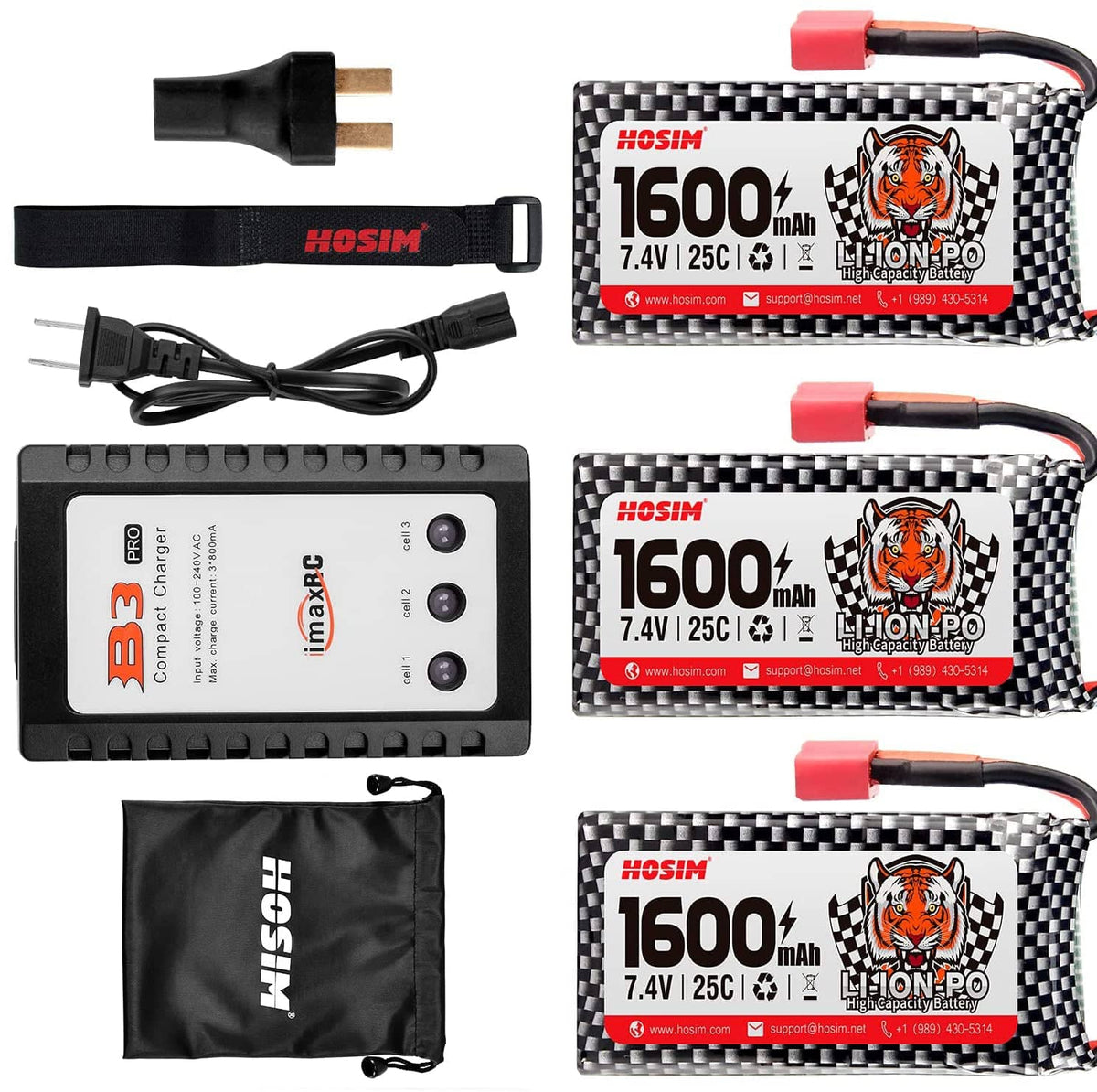 Hosim 3PCS 9125 1600mah lipo Battery 7.4v 25C RC Cars Battery with 1 Battery Bag, 1 Balance Charger, 1 Strap & 1 Double Connector for 9125 9126 HS9125 RC Truck