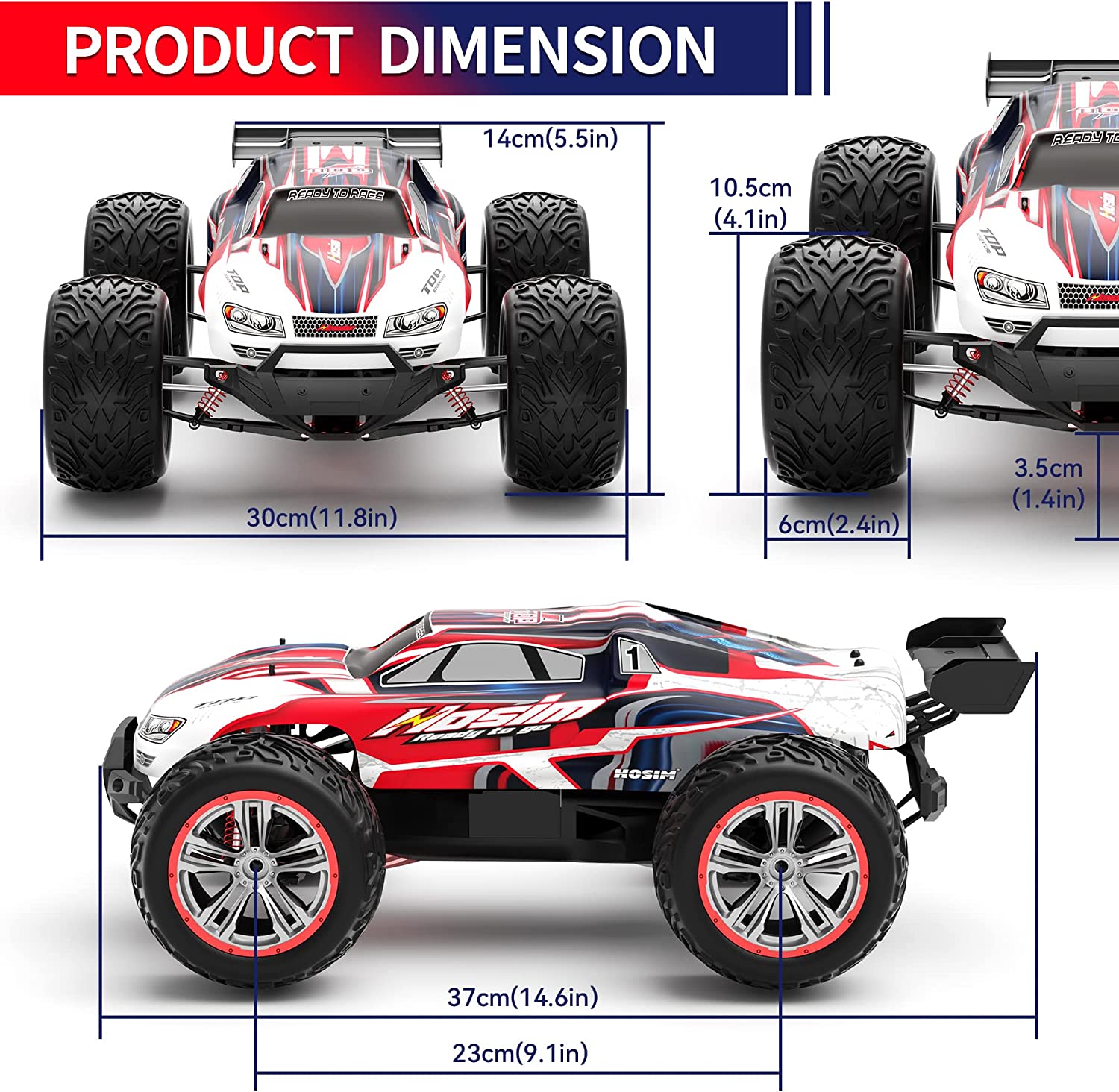 Hosim 1:10 RC Cars 48+ KMH 2.4GHz Remote Control Car 4WD Off Road Monster Truck Buggy Toy for Boys Teens Adults Gifts