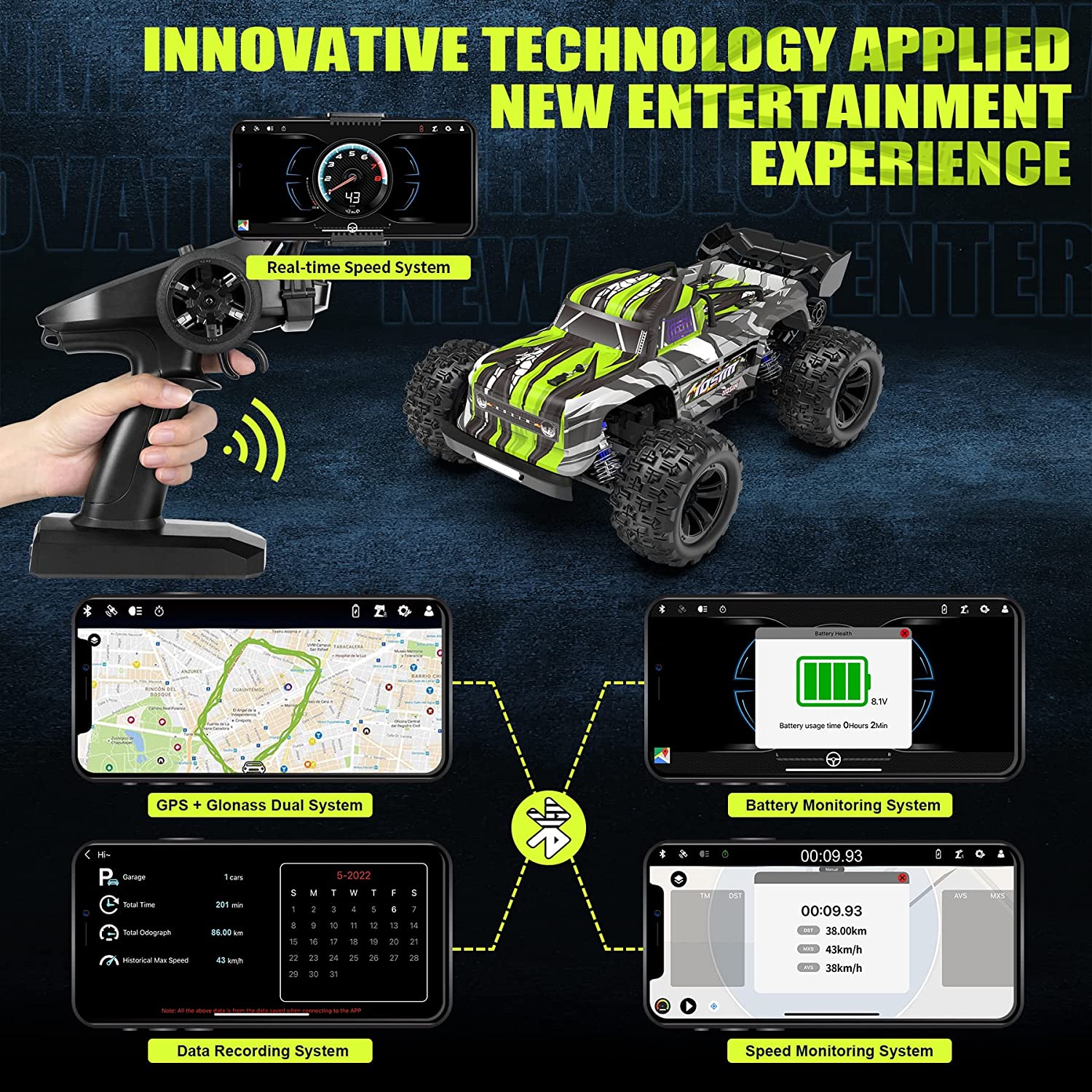 Hosim Bluetooth GPS Remote Control Car 1:16 4WD RC Car Truck with App，Radio Cars Off Road Waterproof Hobby Grade Trucks for Child Adults