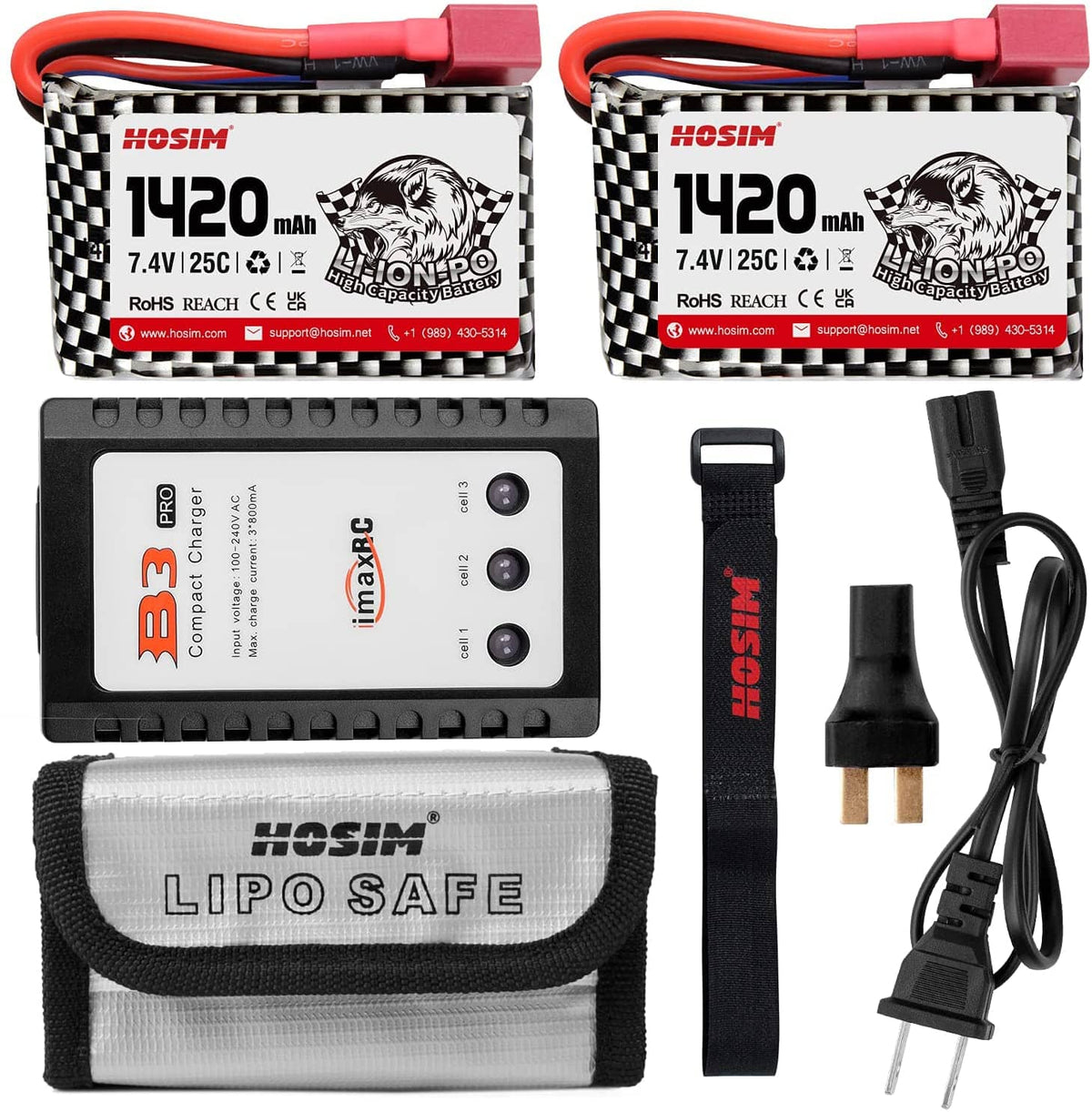 Hosim 2pcs 7.4V 1420mAh 25C T Connector Li-ion Battery Pack with 1 Balance Charger,1 Battery Bag, 1 Double Battery Connector & 1 Strap for Brushless Q901 Q903 Q905