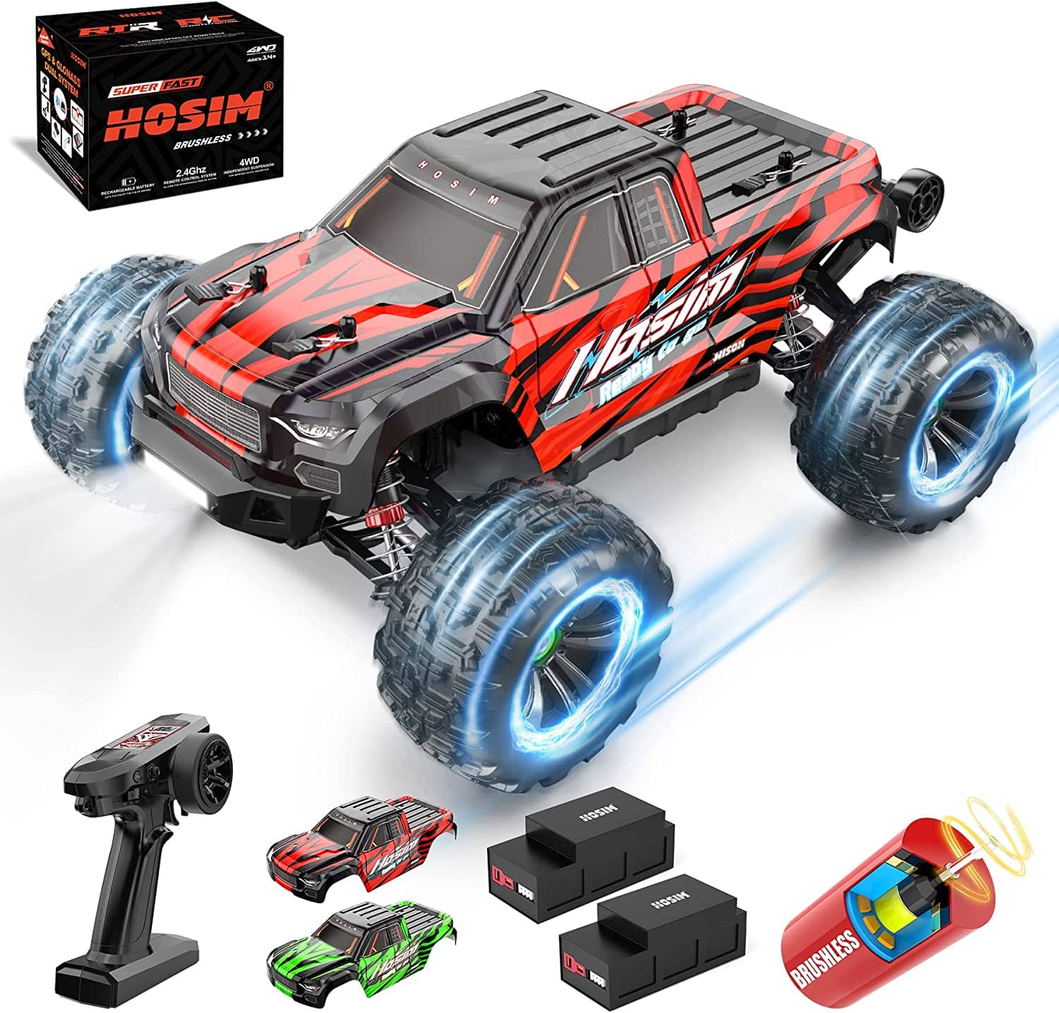 Hosim 1:16 Brushless RC Car 60+KMH 4WD Waterproof Fast Remote Control Truck Radio Cars Off-Road Hobby Grade Toy Crawler Electric Vehicle Gift for Boys Adult Children