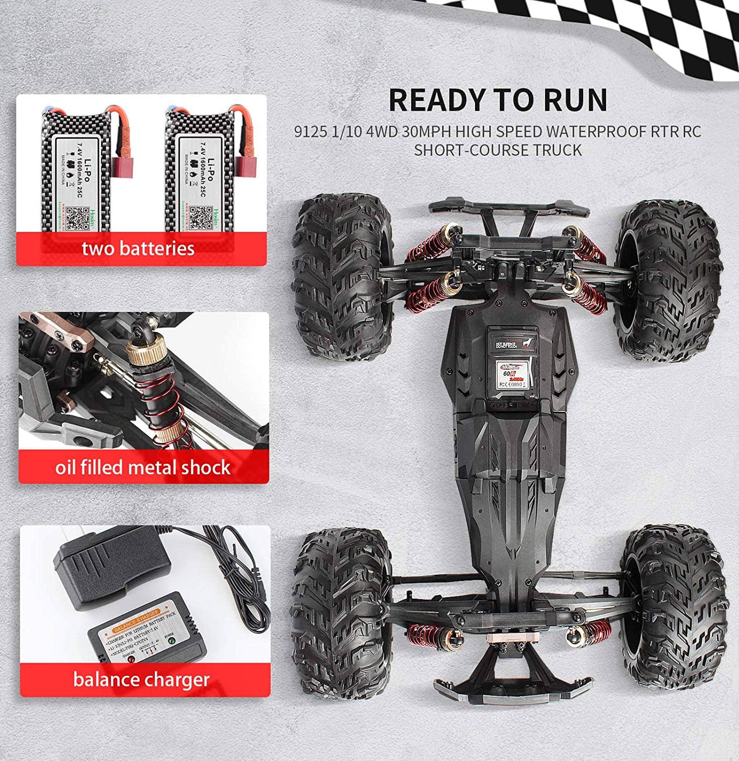 Hosim 1/10 Scale Upgraded 9125 RC Car Monster Truck with Oil Shock + 2 Batteries