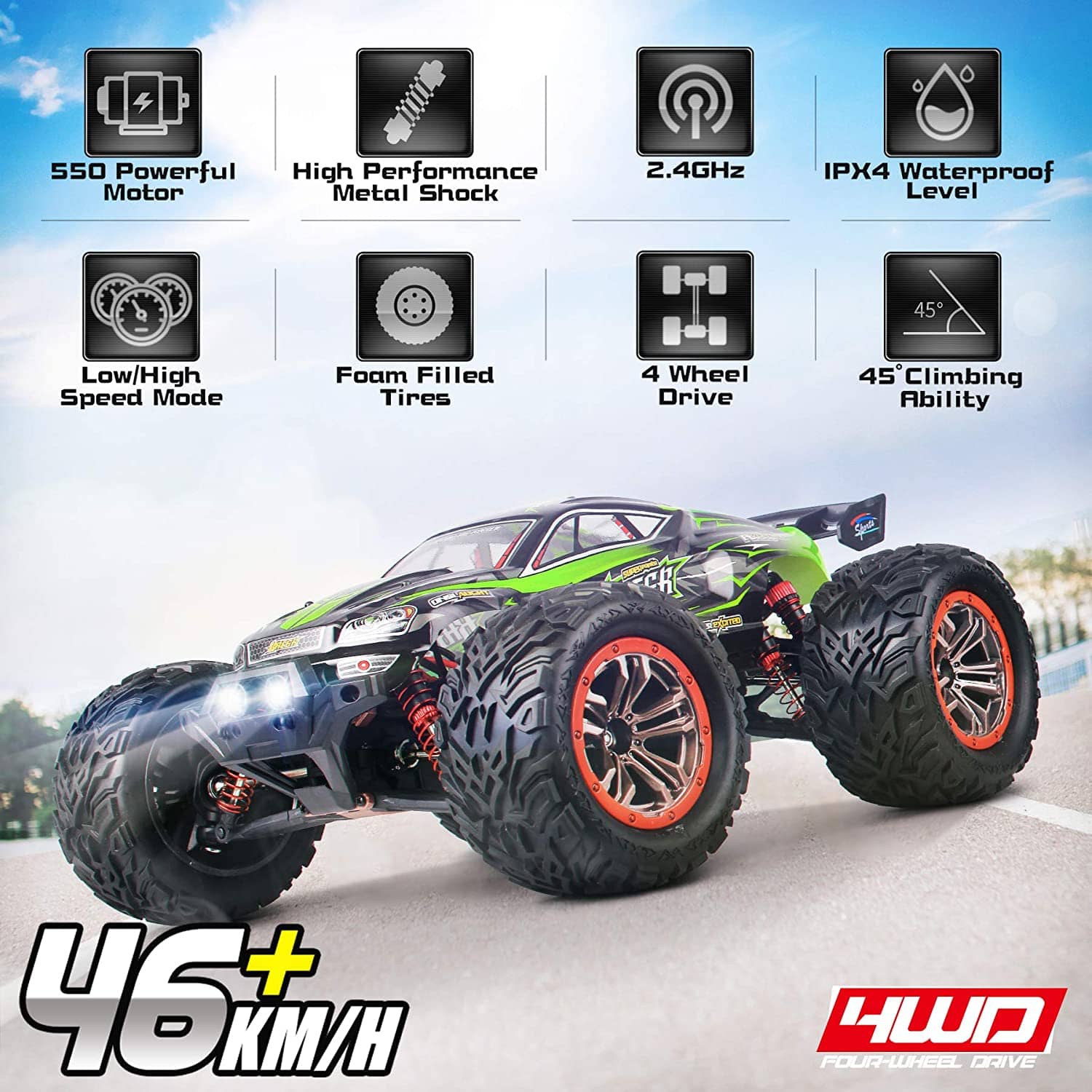 Hosim 1:12 RC Car Remote Control Car Monster Truck Dual Batteries 9156 Green