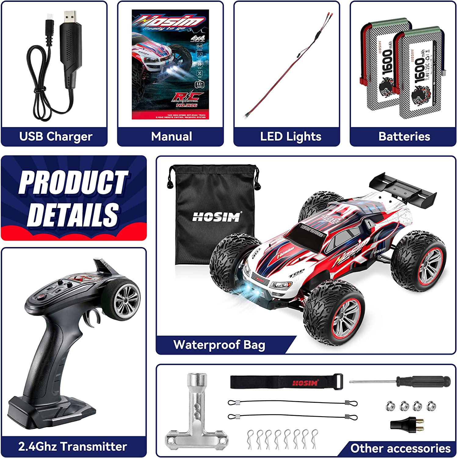 Hosim 1:10 RC Cars 2.4GHz Remote Control Car 4WD 48+ KMH Off Road Monster Truck Buggy Toy for Boys  Adults Gifts