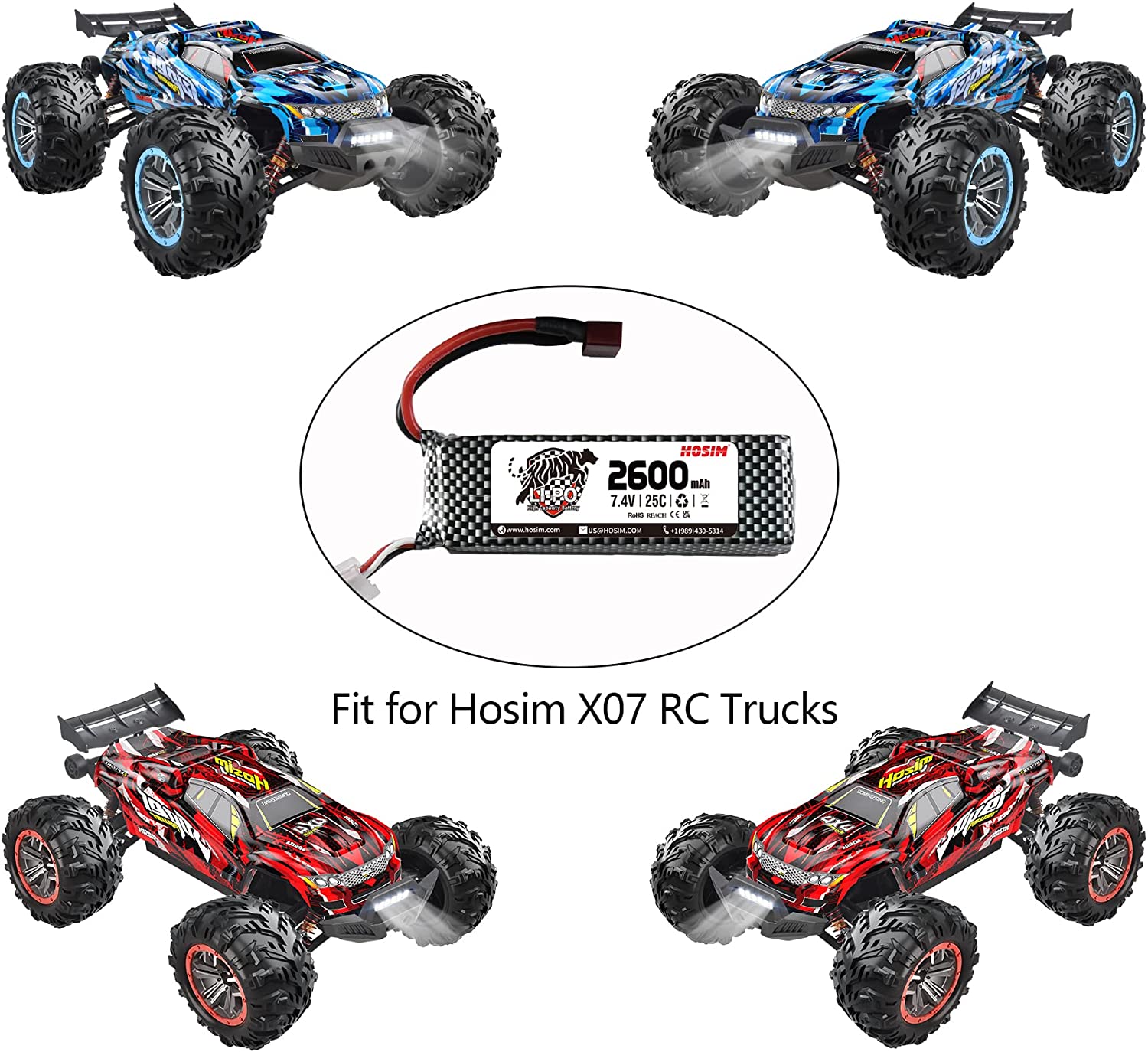 Hosim 1:10 Scale RC Cars Replacement 7.4V 2600mAh Battery Use for High Speed RC Truck X07 X08