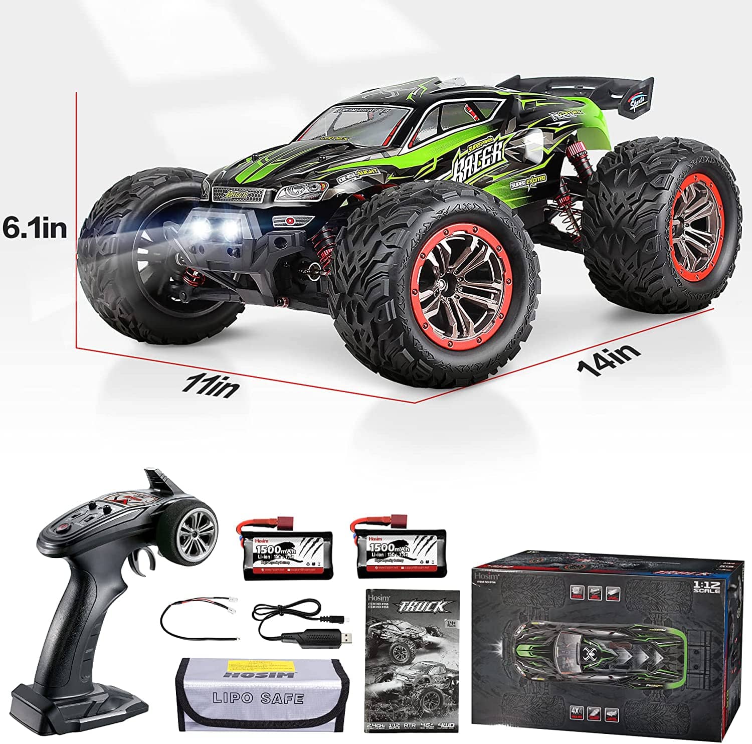 Hosim 1:12 RC Car Remote Control Car Monster Truck Dual Batteries 9156 Green