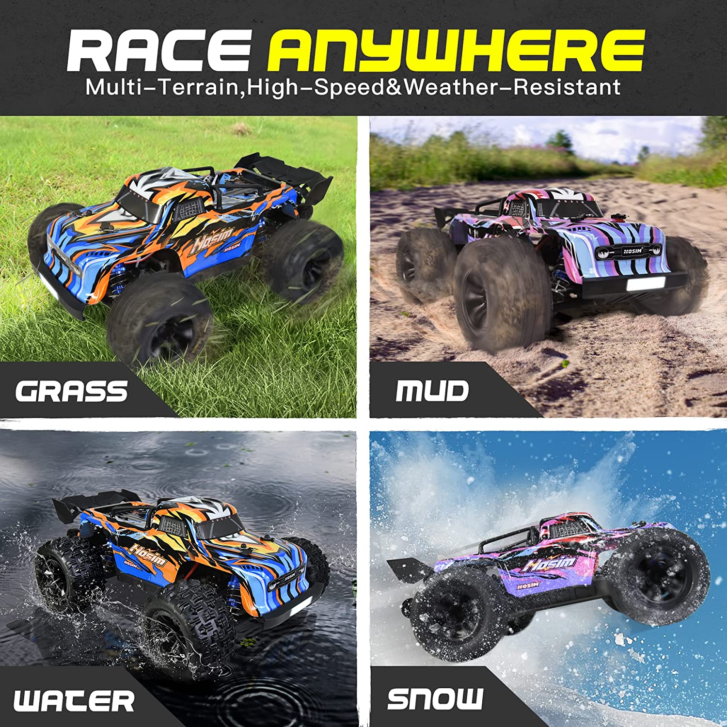 Hosim RC Car 1:16 Scale 40+KPH All Terrain Remote Control Car ,4WD Waterproof High Speed Electric Toy Off Road RC Monster Truck Vehicle Crawler for Boys Kids and Adults