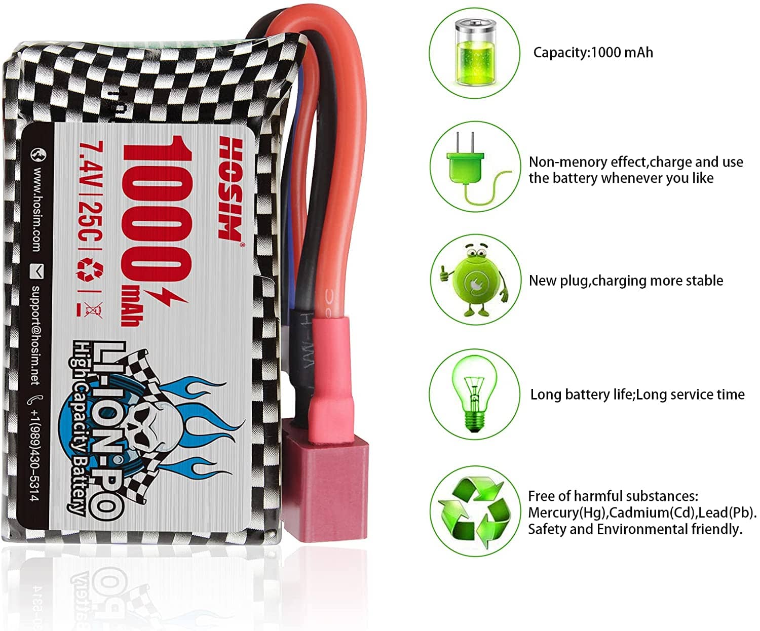 Hosim 3pcs 7.4V 1000mAh 25C T Connector Li-ion Battery with 1 Balance Charger,1 Battery Bag, 1 Double Battery Connector & 1 Strap for Q901 Q903 Q905 RC Cars
