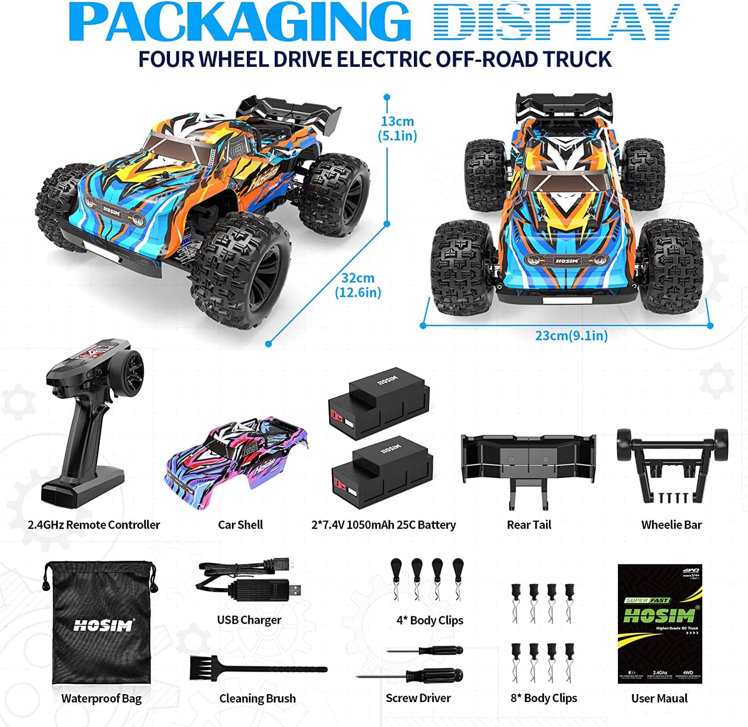 Hosim 1:16 Scale RC Car,4WD 40+KPH All Terrain Waterproof High Speed Electric Toy Off Road RC Monster Truck Vehicle Crawler for Boys Kids and Adults