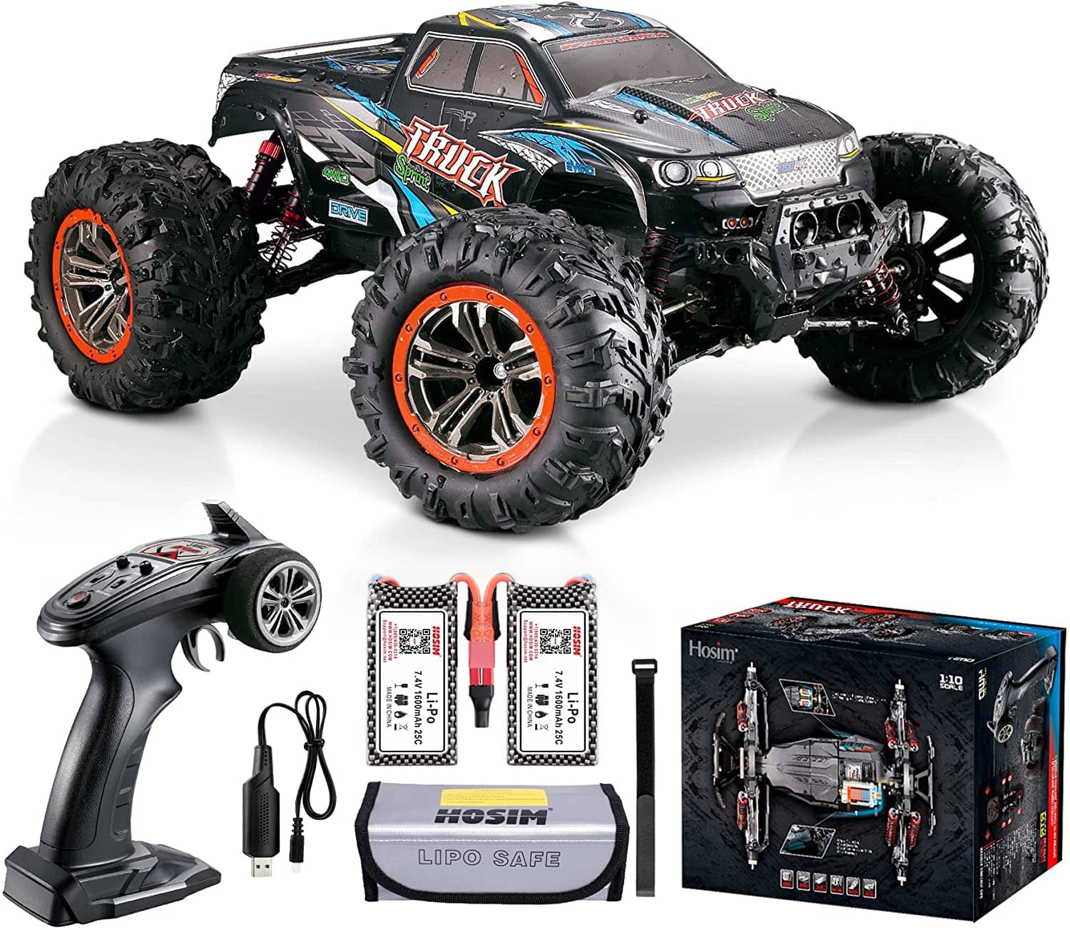 Hosim 1/10 Scale RC Car Monster Truck 9125 with 2 Batteries Blue