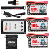 Hosim 3pcs 7.4V 1000mAh 25C T Connector Li-ion Battery with 1 Balance Charger,1 Battery Bag, 1 Double Battery Connector & 1 Strap for Q901 Q903 Q905 RC Cars